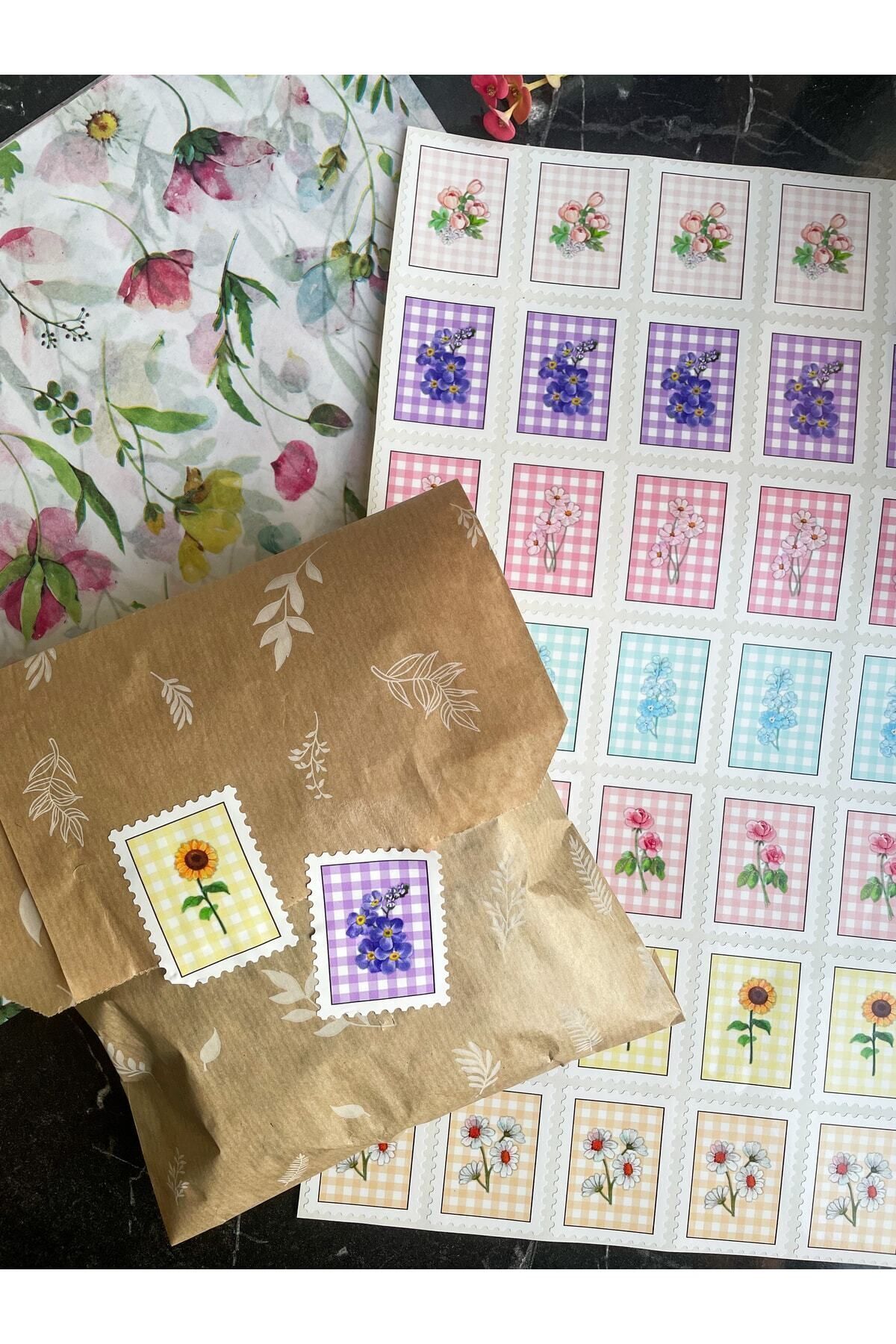 Pul Sticker Çiçek Serisi 5x4 Cm 35 Adet Opak Sticker, Kargo Stickerı, Hediye Paketi Süsü