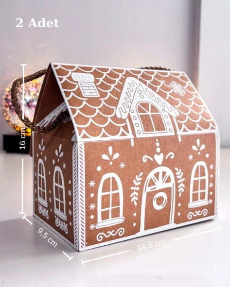 Yılbaşı kurabiye ev tasarımlı dekoratif kutu 2 adet 9,5x14,5x16 cm yılbaşı hediye kutusu (demonte) 