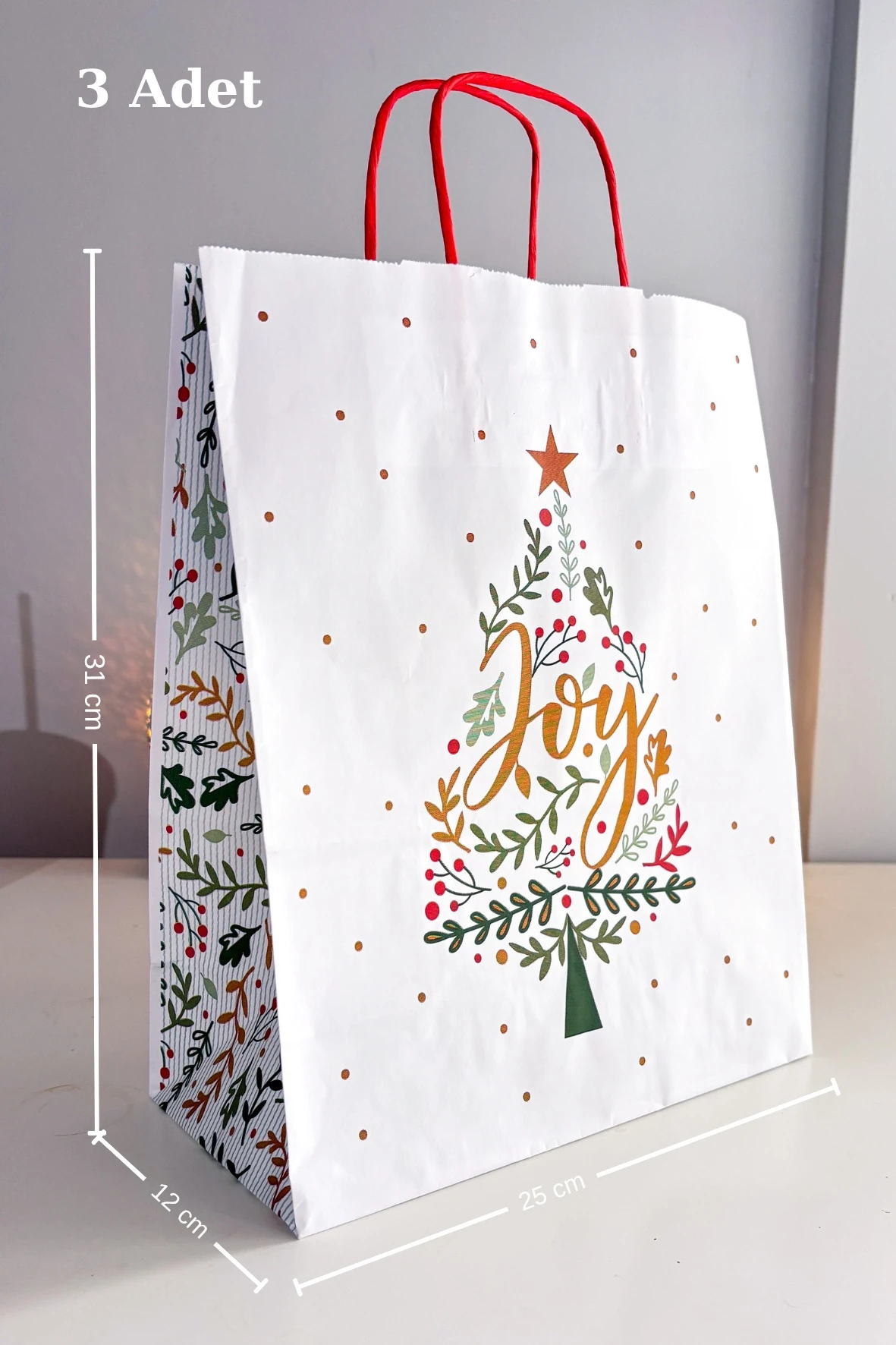 Yılbaşı desenli karton çanta 3 adet 12x25x31 cm hediye çantası, karton poşet, yılbaşı dekoru