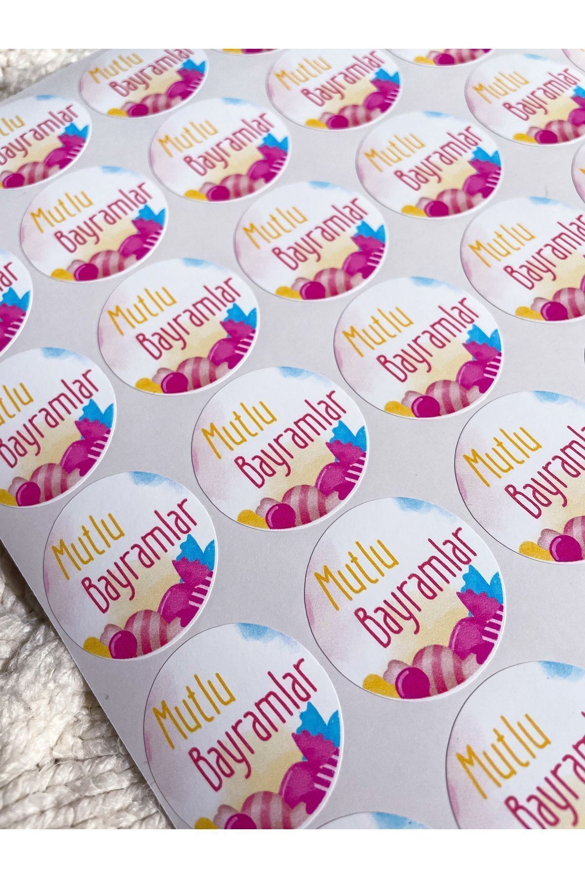 Mutlu Bayramlar Sticker 48 adet 3,5 cm Sticker, Bayram Hediyeliği, Ramazan Bayramı Yapışkanlı Etiket