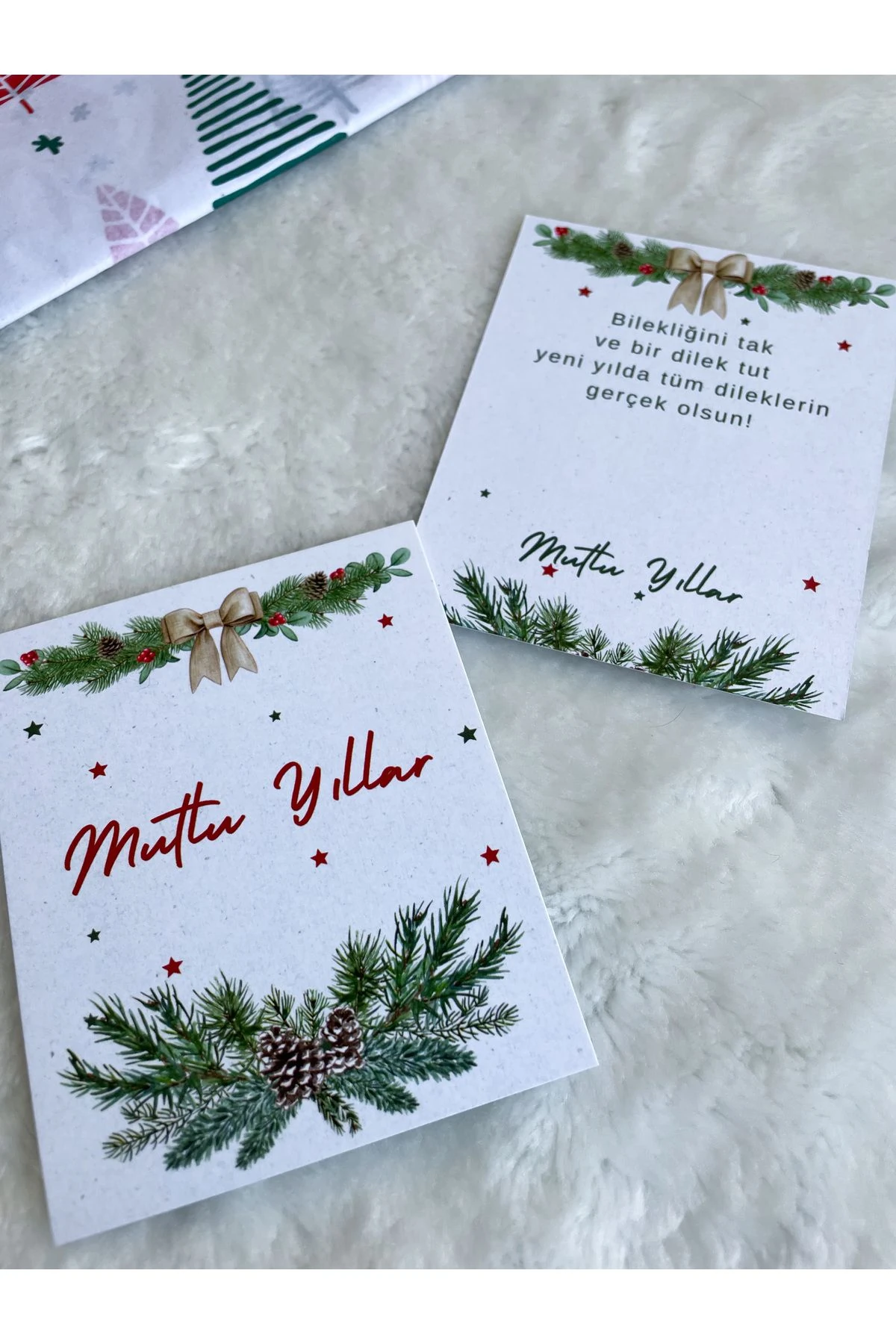 Yılbaşı bileklik kartı 10x8 cm 20 adet bileklik kartı, çift yön baskı hediye kartı, şans bilekliği