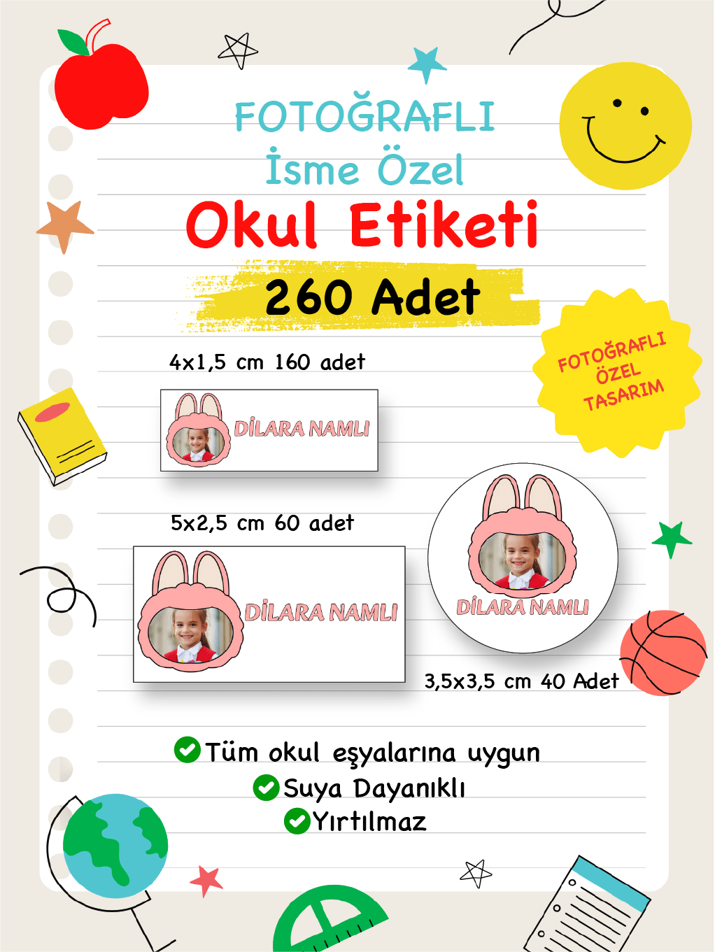 Fotoğraflı İsme Özel Okul Etiketi-127