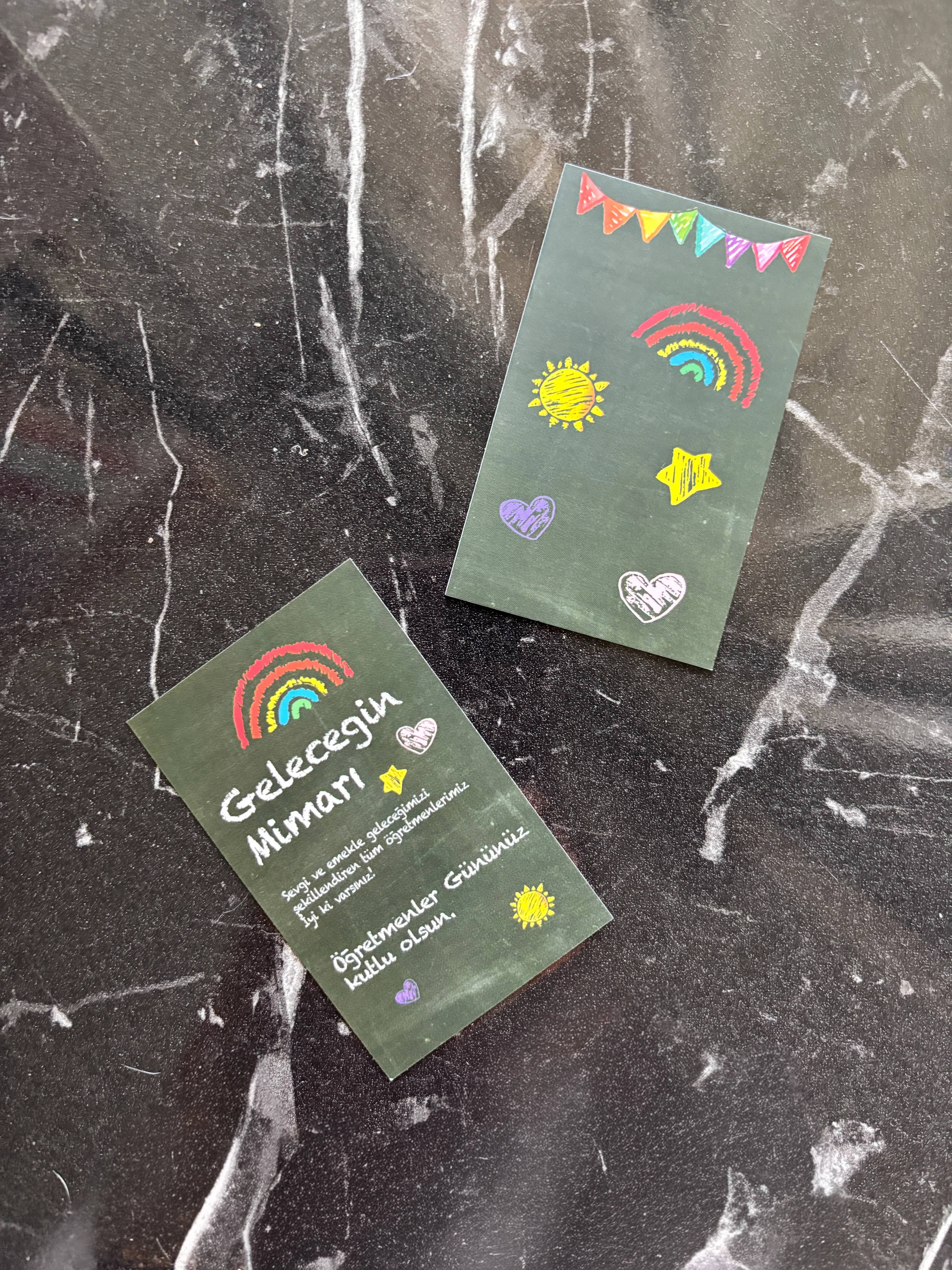 Öğretmenler günü not kartı 20 adet 5x8 cm çift yön baskılı hediye kartı, öğretmene hediye