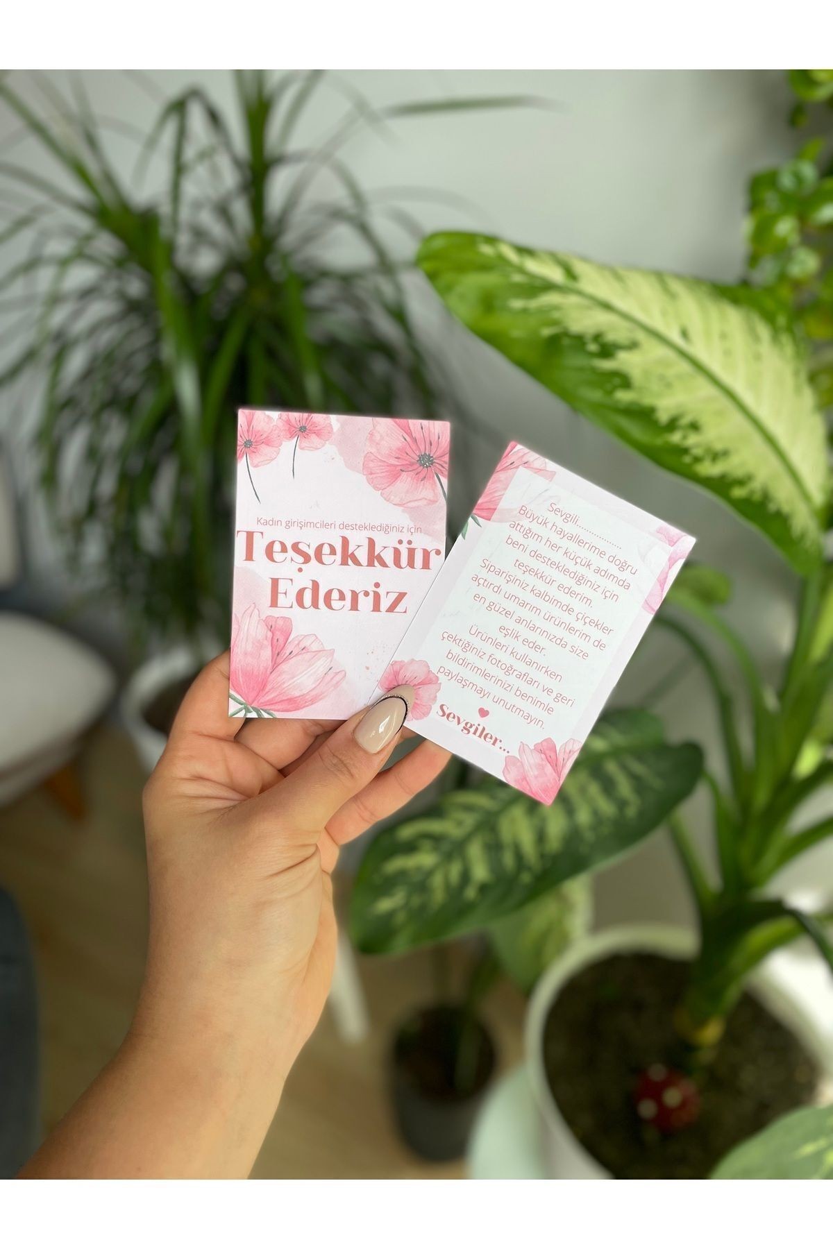 Kadın girişimci teşekkür kartı 10x7 cm çift yön 20 adet, küçük işletme teşekkür kartı, not kartı