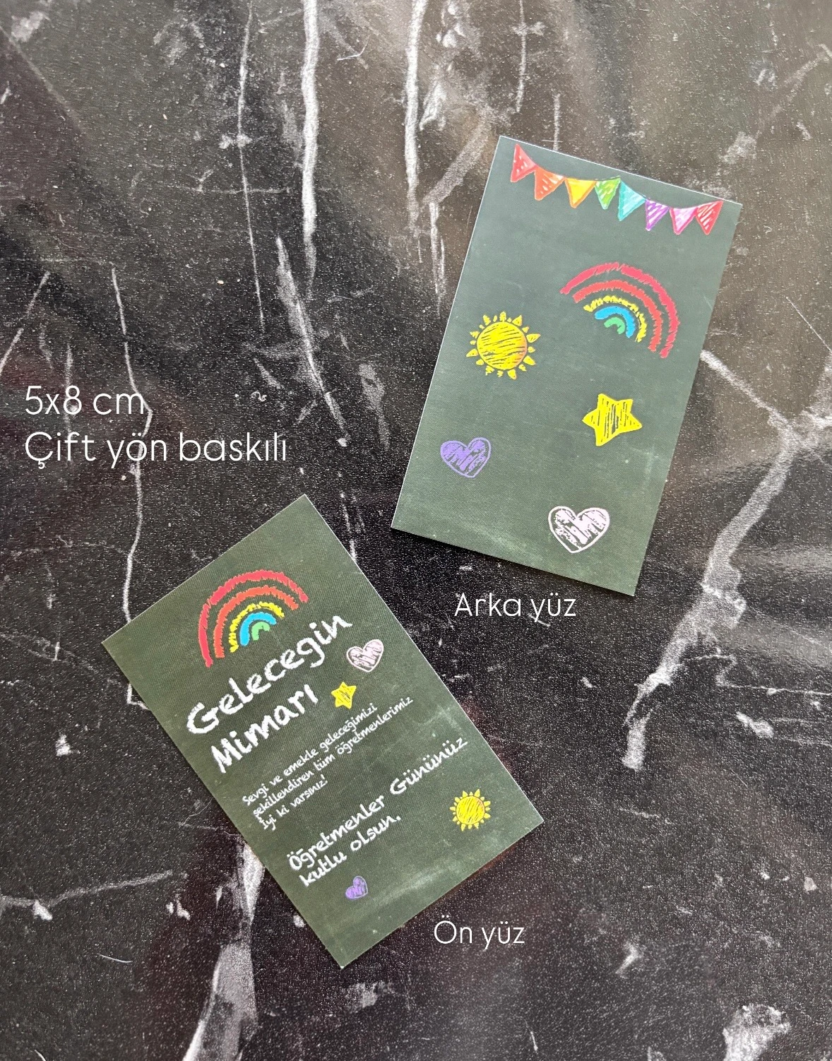 Öğretmenler günü not kartı 20 adet 5x8 cm çift yön baskılı hediye kartı, öğretmene hediye