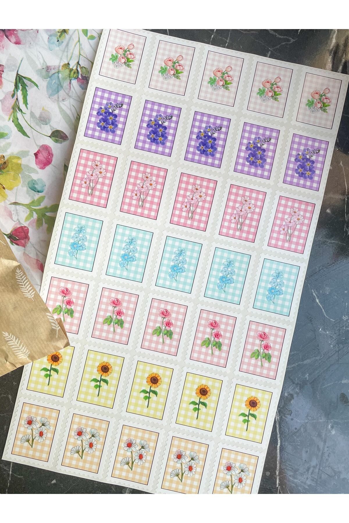 Pul Sticker Çiçek Serisi 5x4 Cm 35 Adet Opak Sticker, Kargo Stickerı, Hediye Paketi Süsü