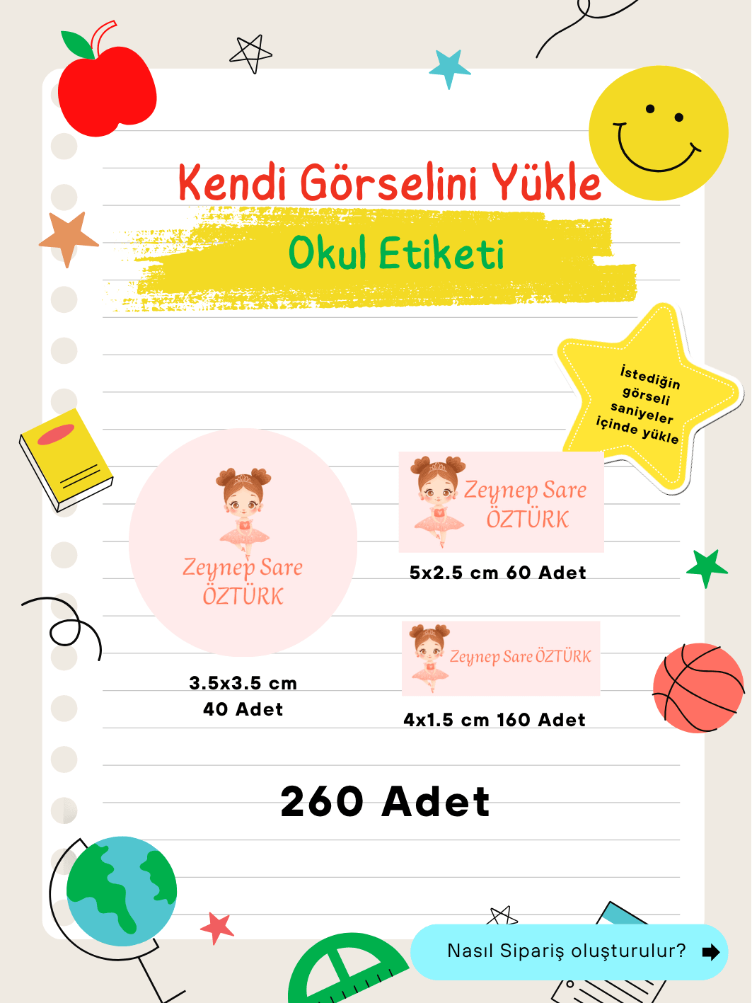 Kendi görselini yükle İsme özel okul etiketi seti