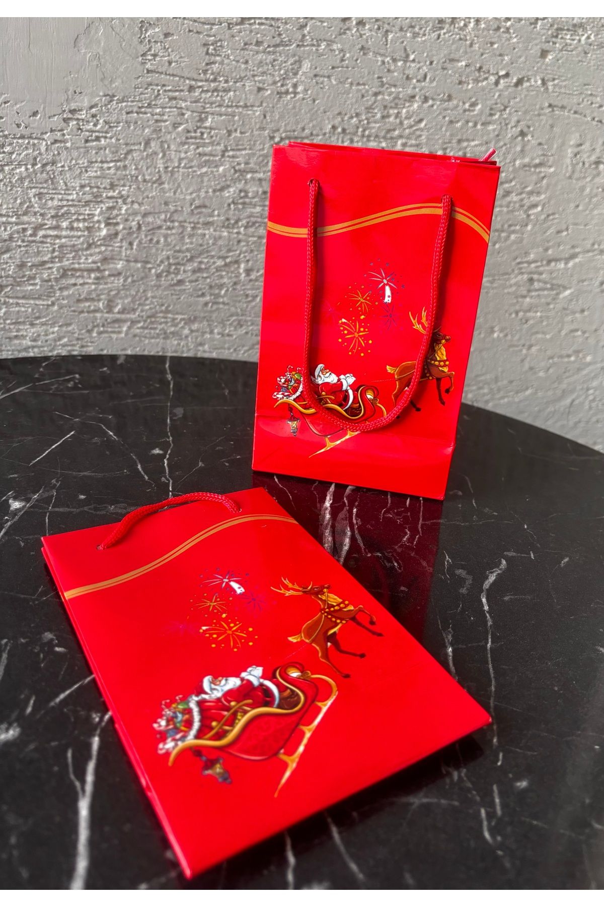 Yılbaşı karton çanta 1 adet, desenli poşet, hediye çantası, noel baba