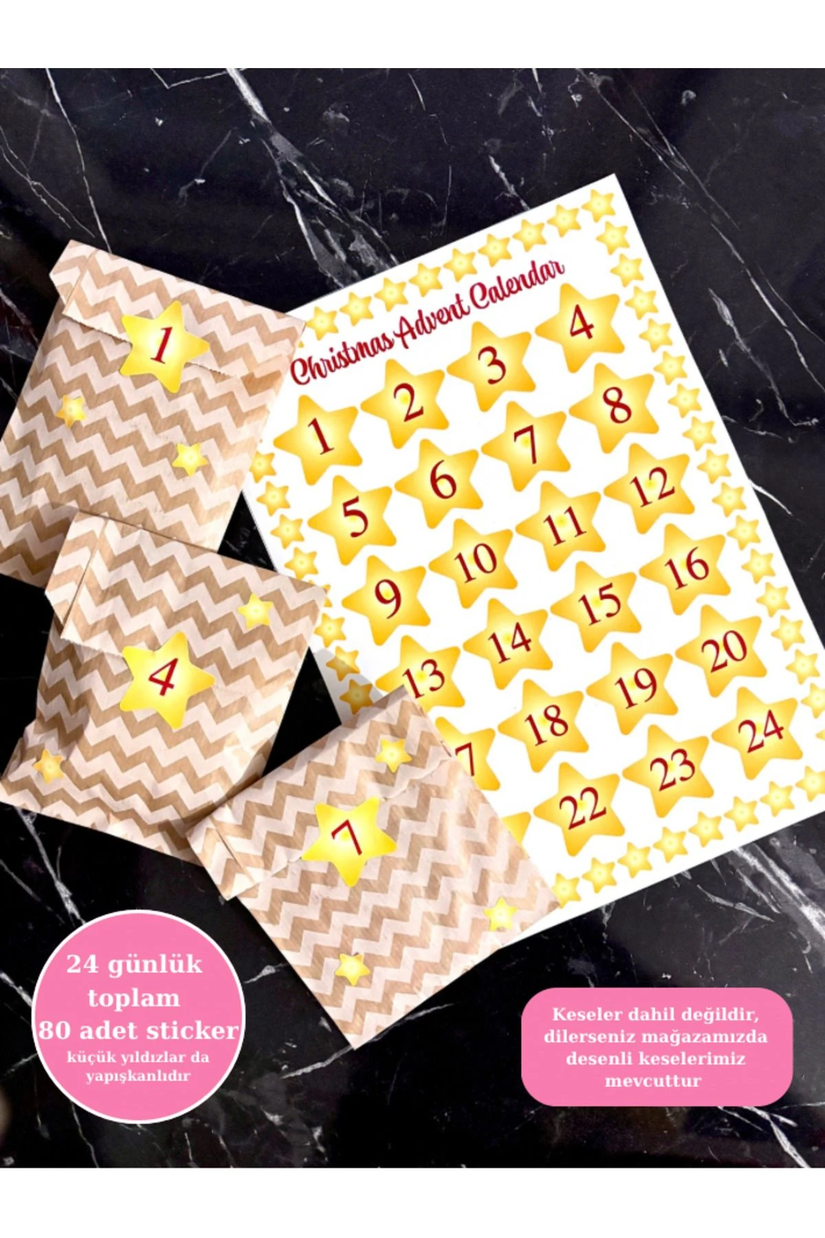 Yılbaşı advent calendar stickerı,24 gün 80 adet yapışkanlı,geri sayım takvimi etiketi hediye takvimi