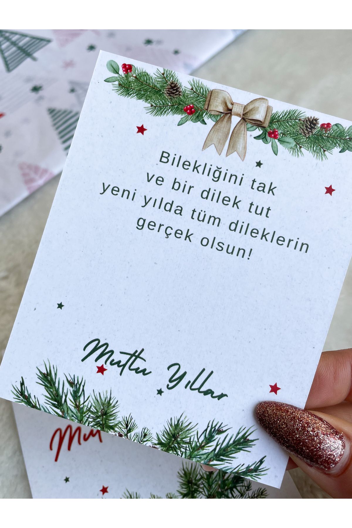 Yılbaşı bileklik kartı 10x8 cm 20 adet bileklik kartı, çift yön baskı hediye kartı, şans bilekliği