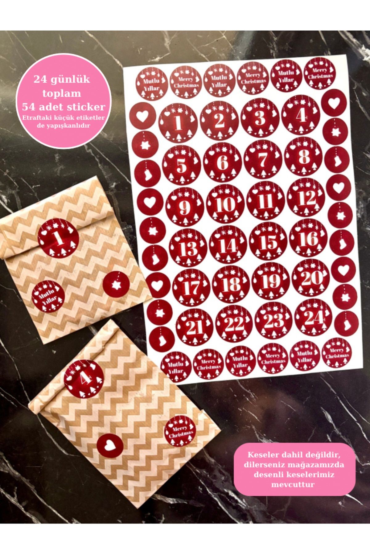 Yılbaşı Advent Calendar Stickerı,24 Gün 54 Adet Yapışkanlı,geri Sayım Takvimi Etiketi Hediye Takvimi