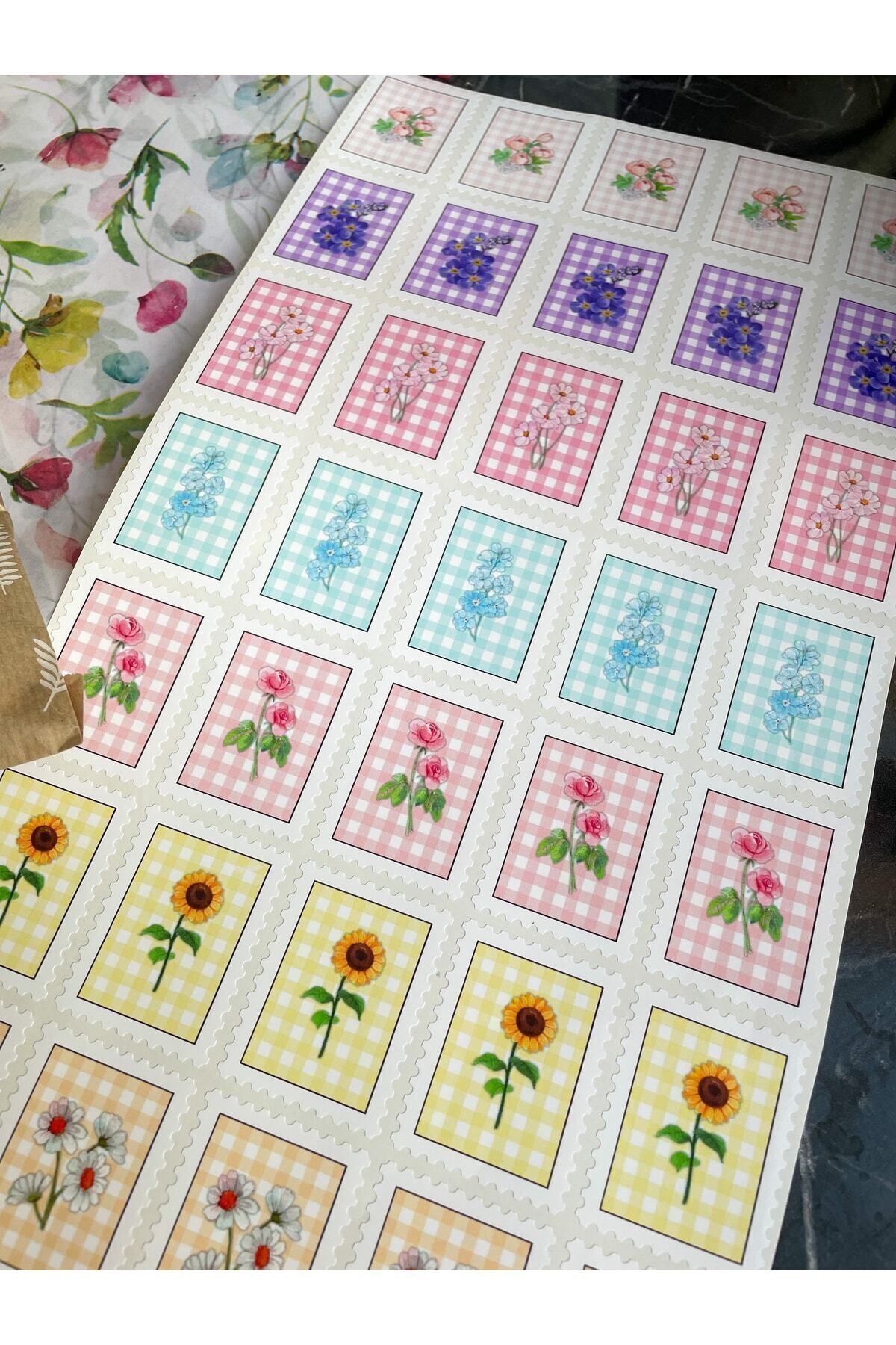Pul Sticker Çiçek Serisi 5x4 Cm 35 Adet Opak Sticker, Kargo Stickerı, Hediye Paketi Süsü