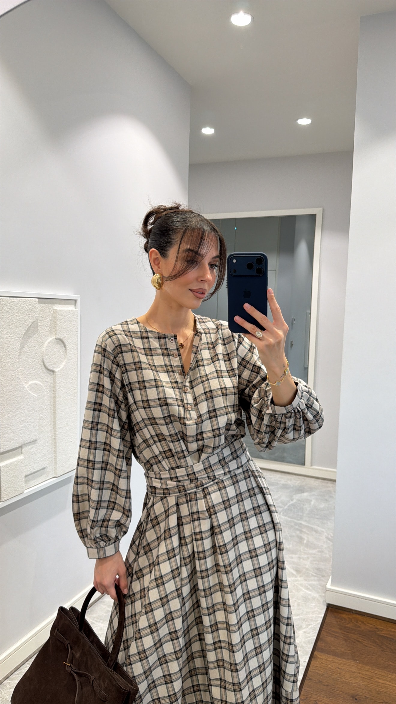 EKOSE DESENLİ KUŞAKLI MİDİ ELBİSE