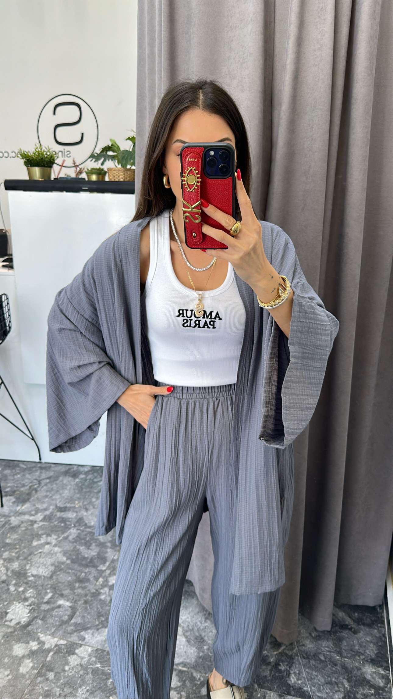 Gri gofre kumaş kimono şalvar takım