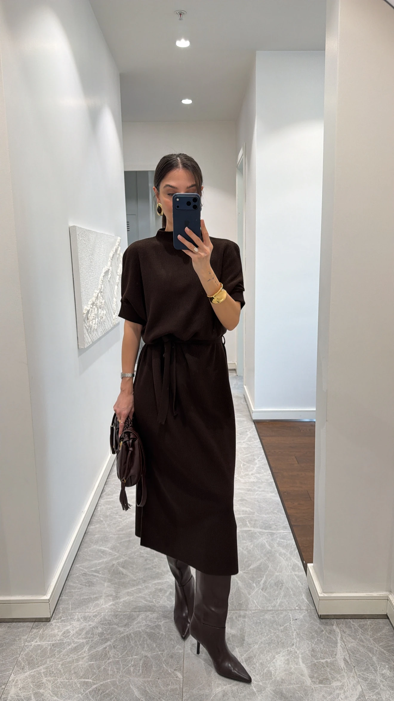 KUŞAKLI TRİKO MİDİ ELBİSE  - KAHVE