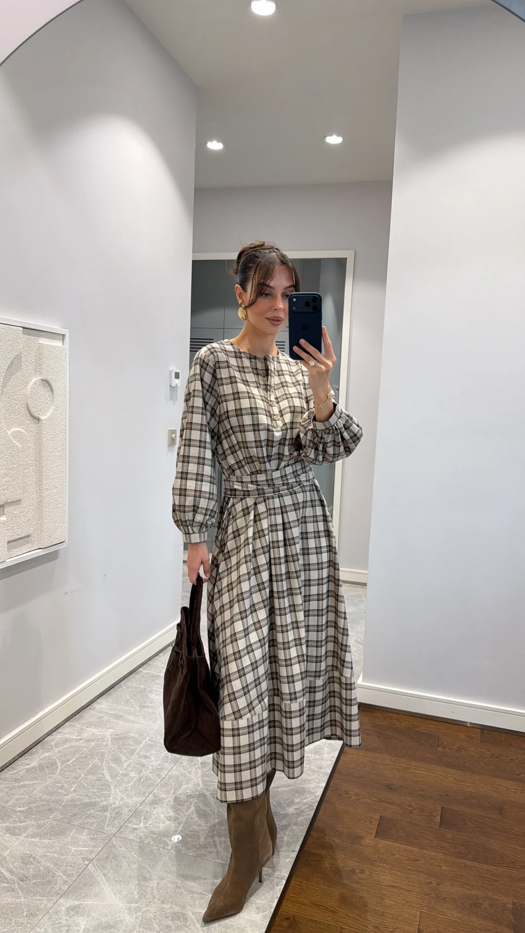 PLAID PATTERNED BELTED MIDI DRESS - Beige