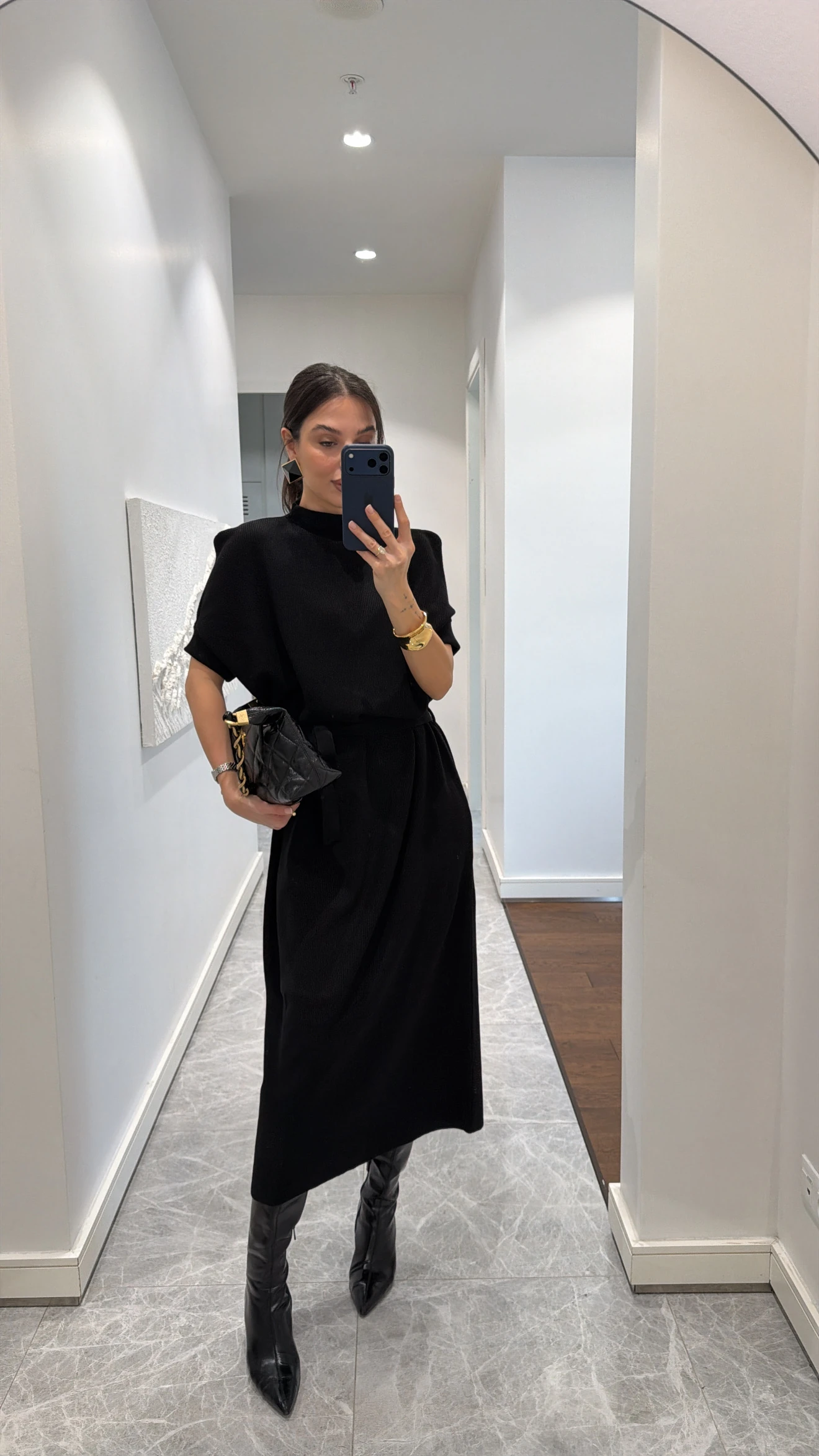 KUŞAKLI TRİKO MİDİ ELBİSE  - SİYAH