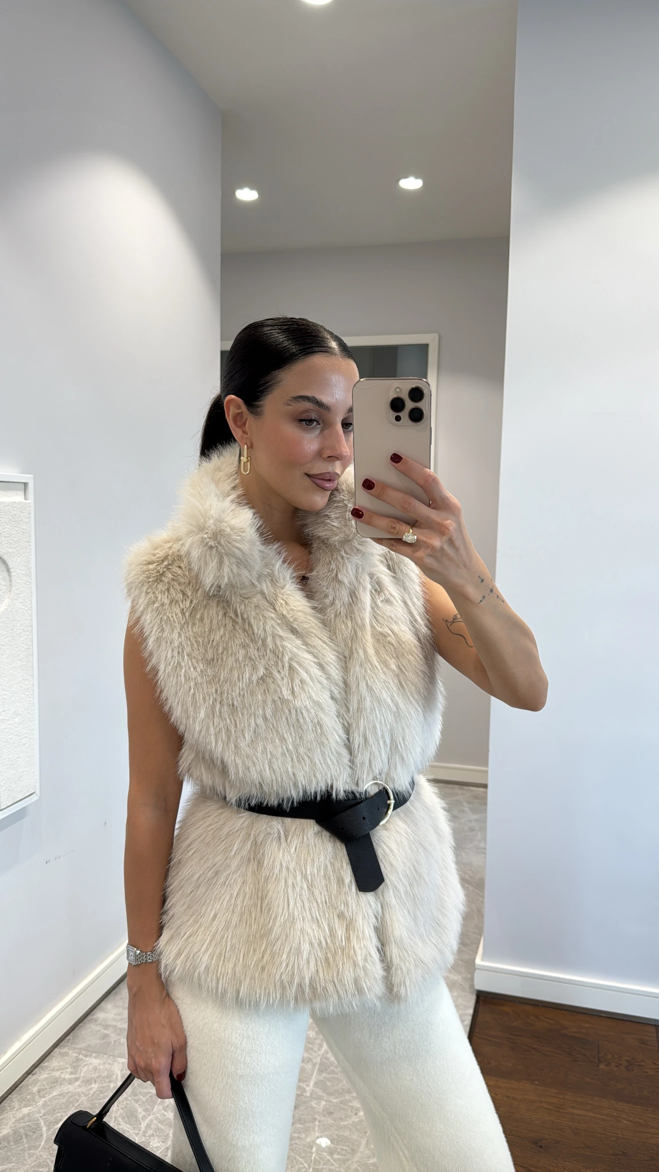 FUR VEST WITH BELTS - Beige