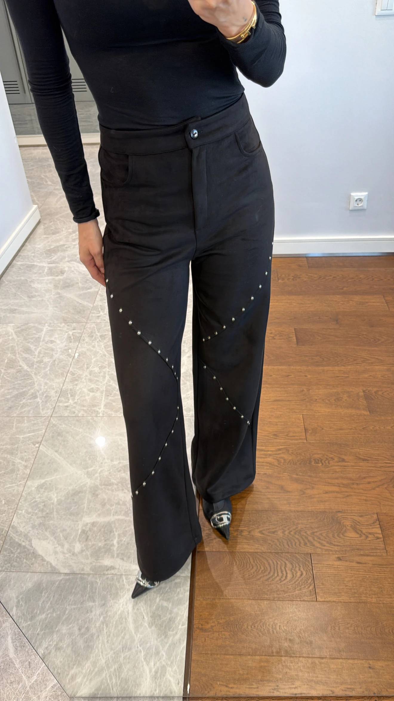 SUEDE TROUSERS WITH STAPLE DETAILS