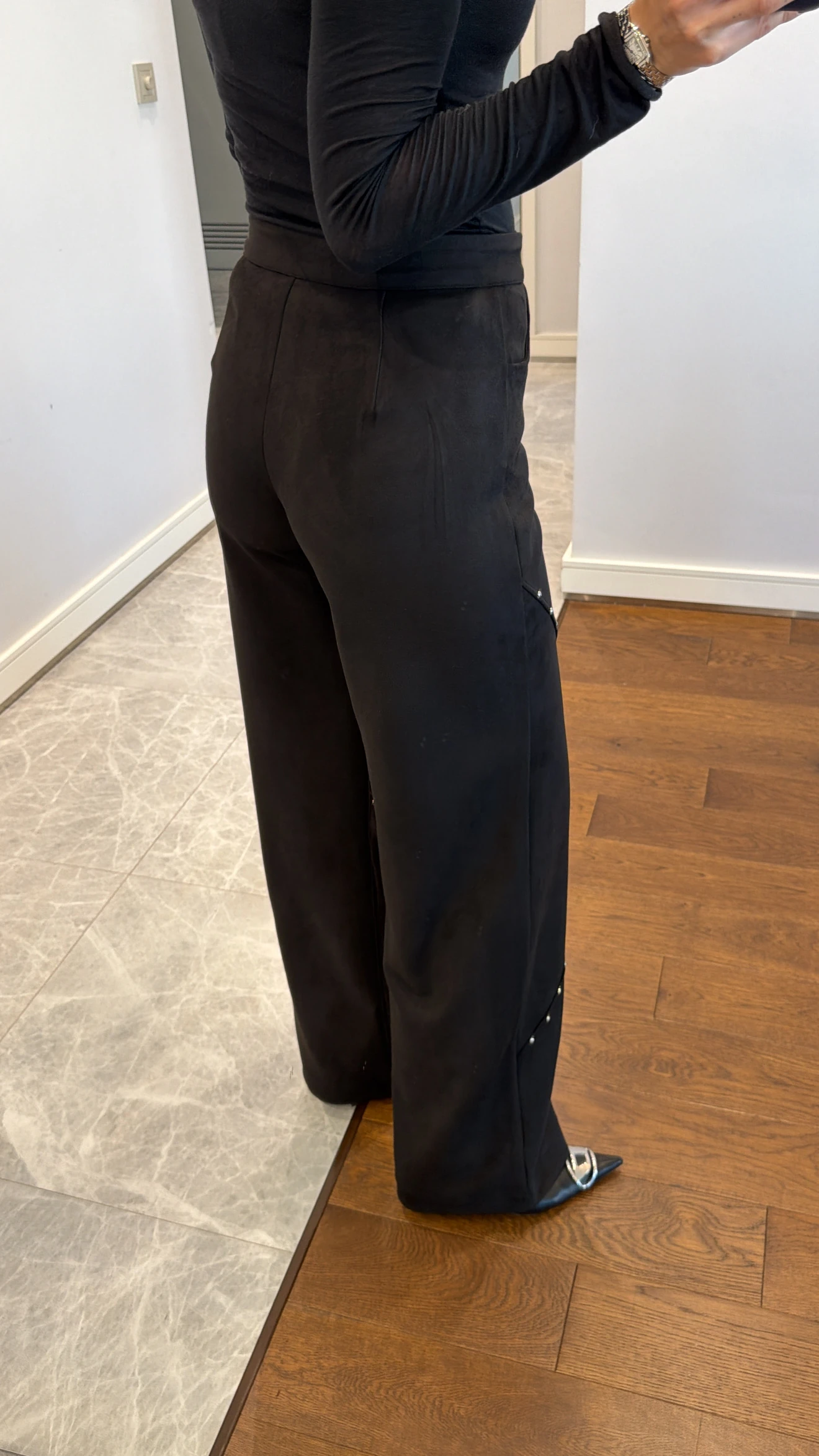 SUEDE TROUSERS WITH STAPLE DETAILS