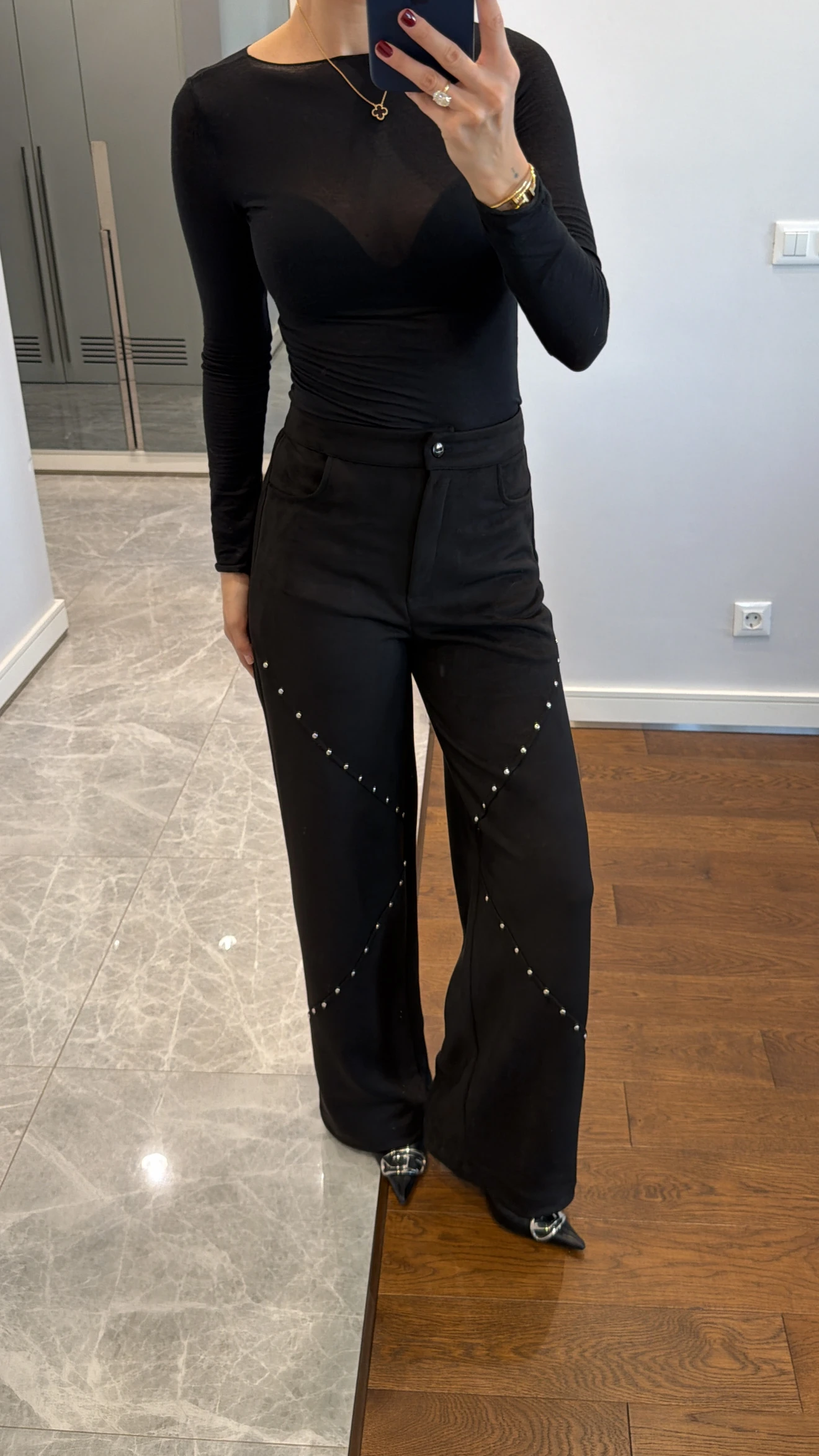 SUEDE TROUSERS WITH STAPLE DETAILS