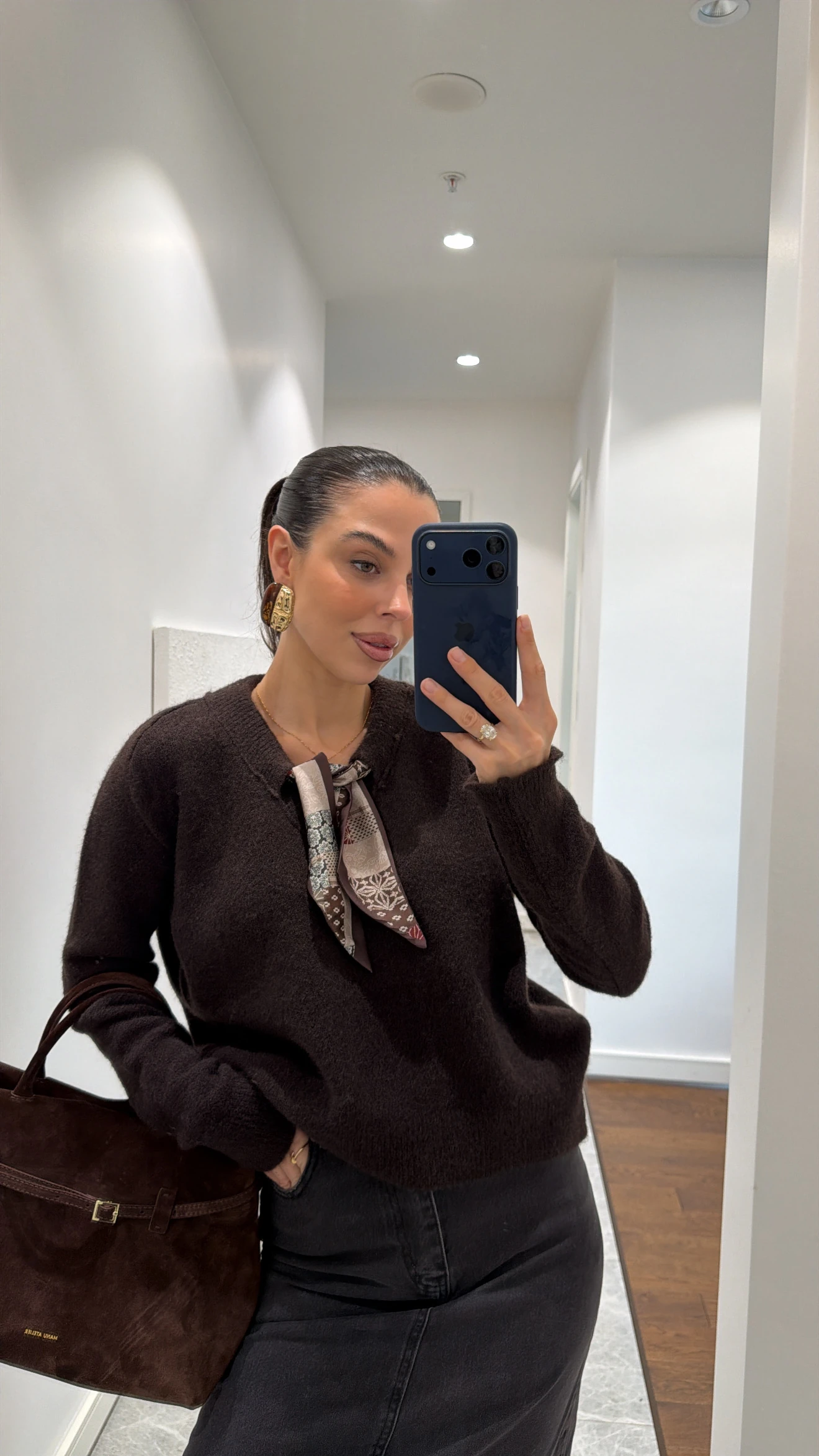 SOFT KNIT SWEATER WITH SCARF DETAIL - COFFEE