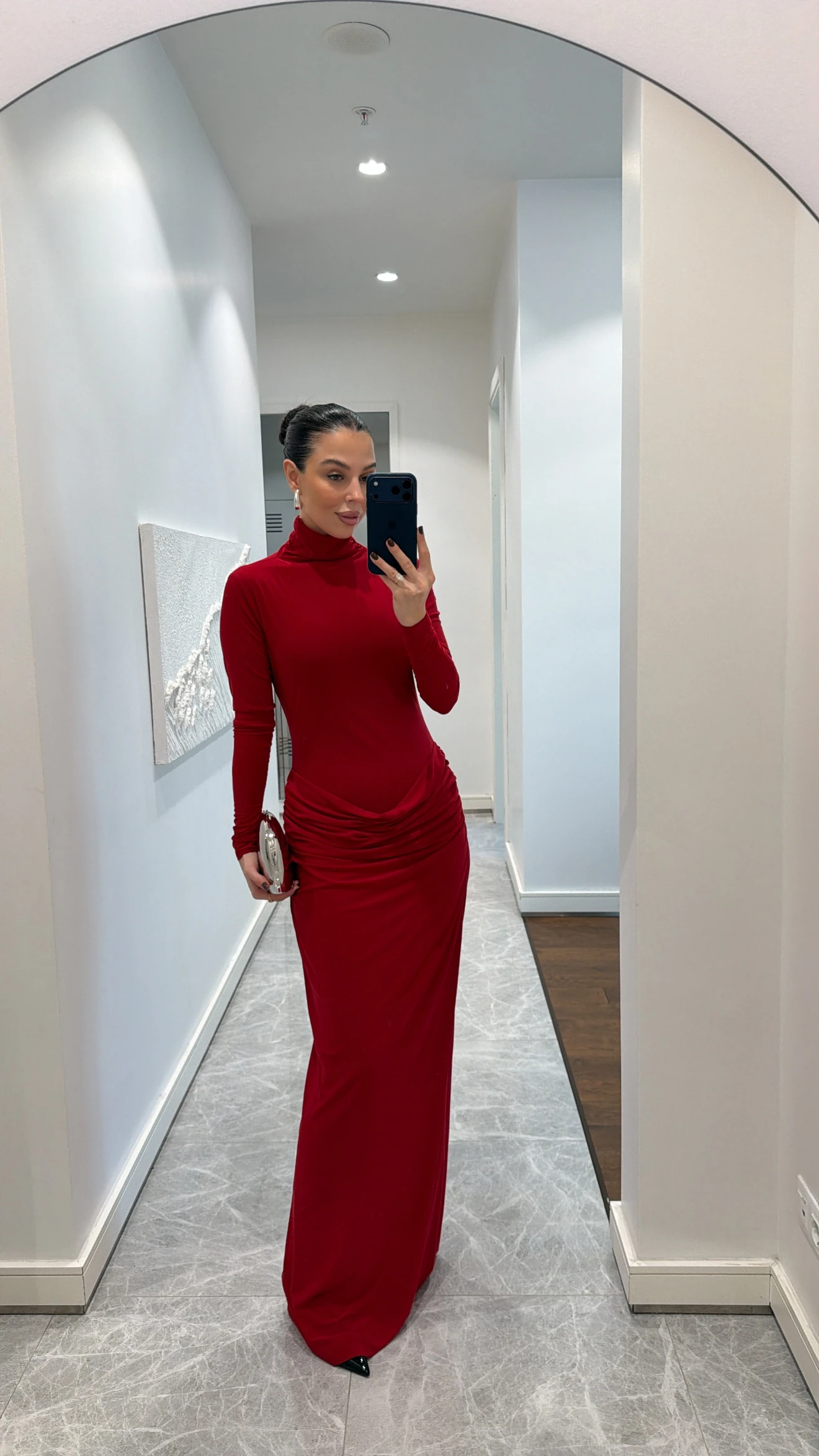 BALIKÇI YAKA MAXİ ELBİSE - KIRMIZI