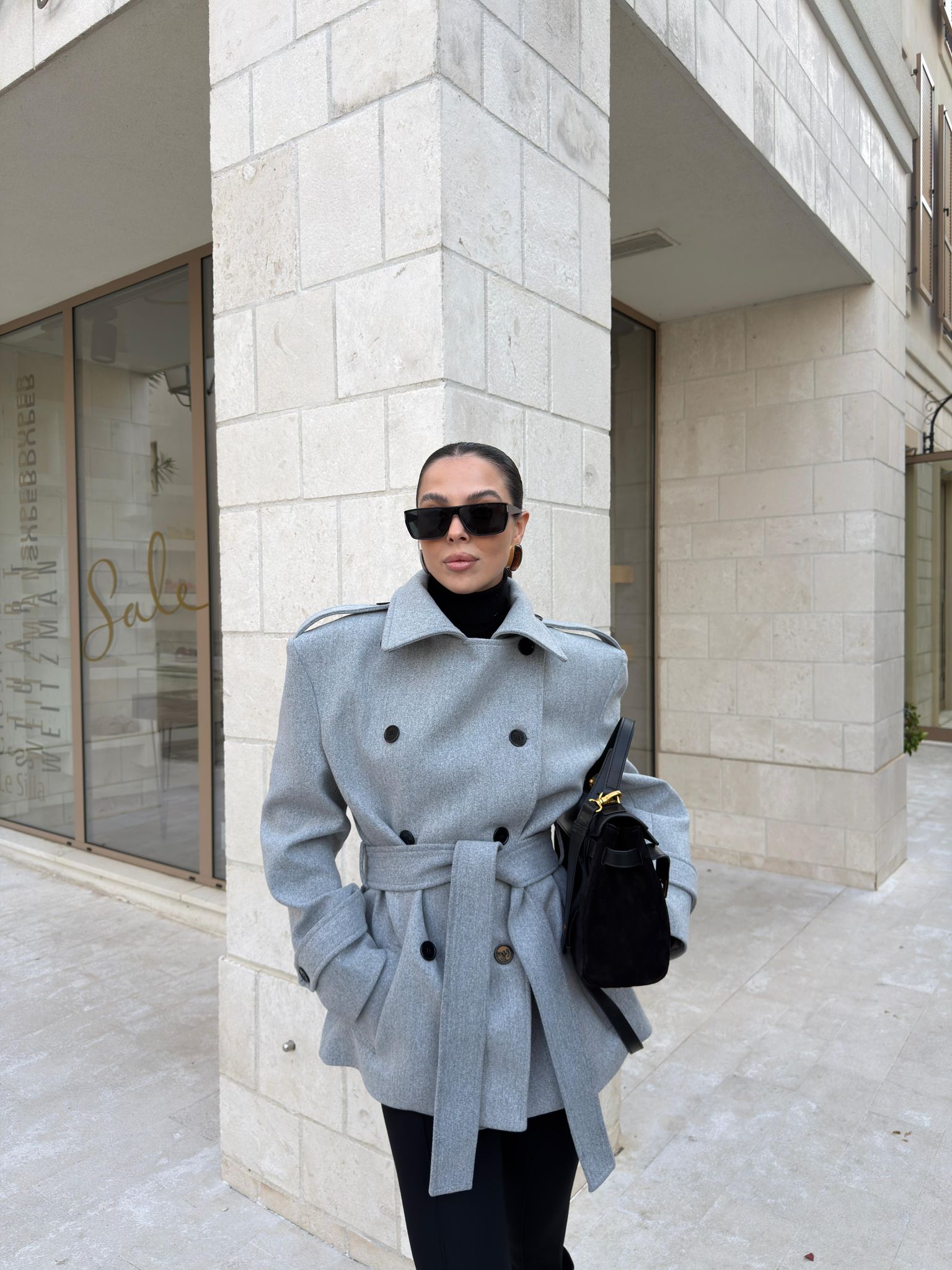 DİK YAKA KUŞAKLI KAŞE KABAN - GRİ