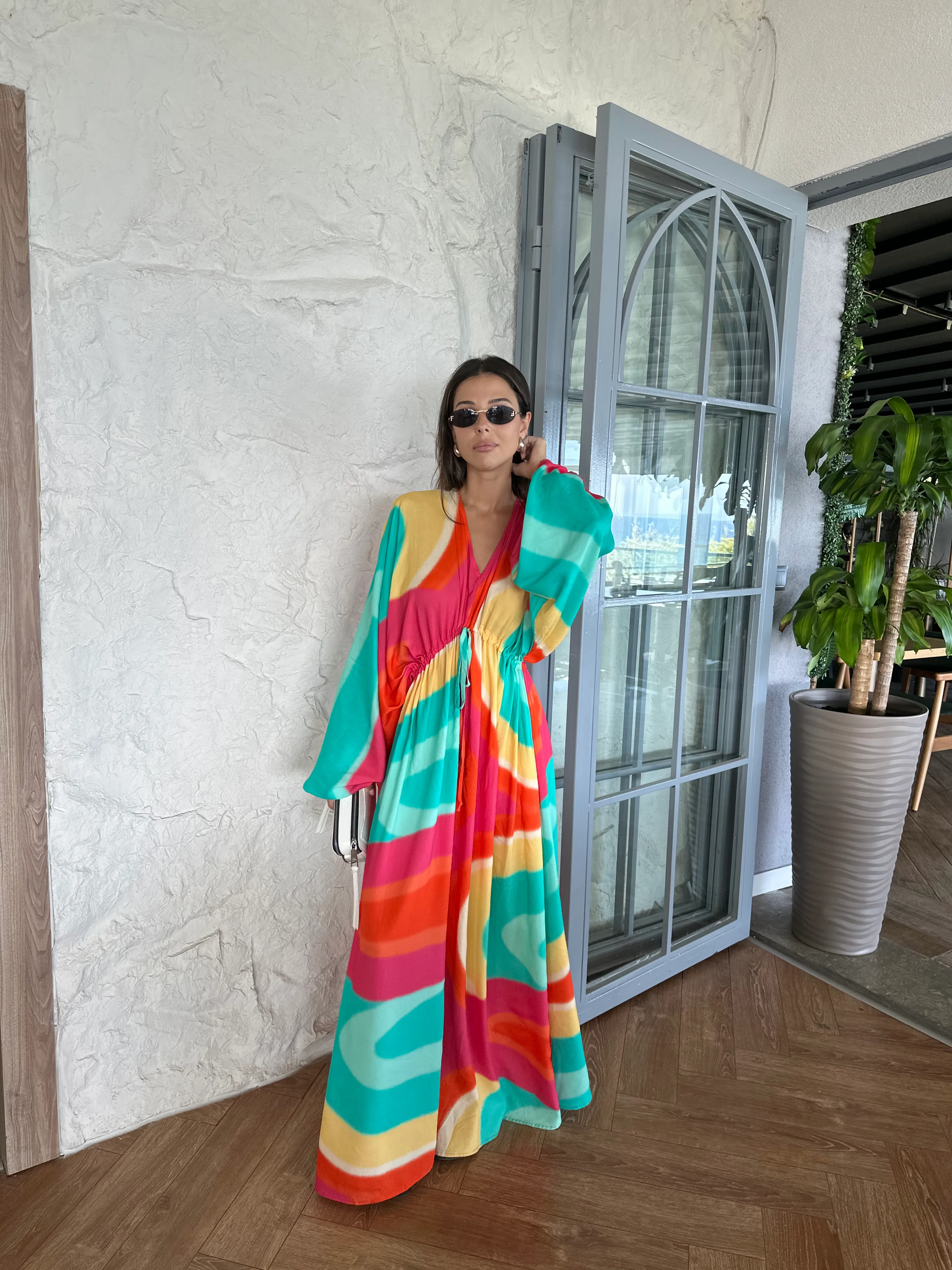 cotton viscose fabric dress Cotton viscose fabric colorful balloon sleeve detailed long dress