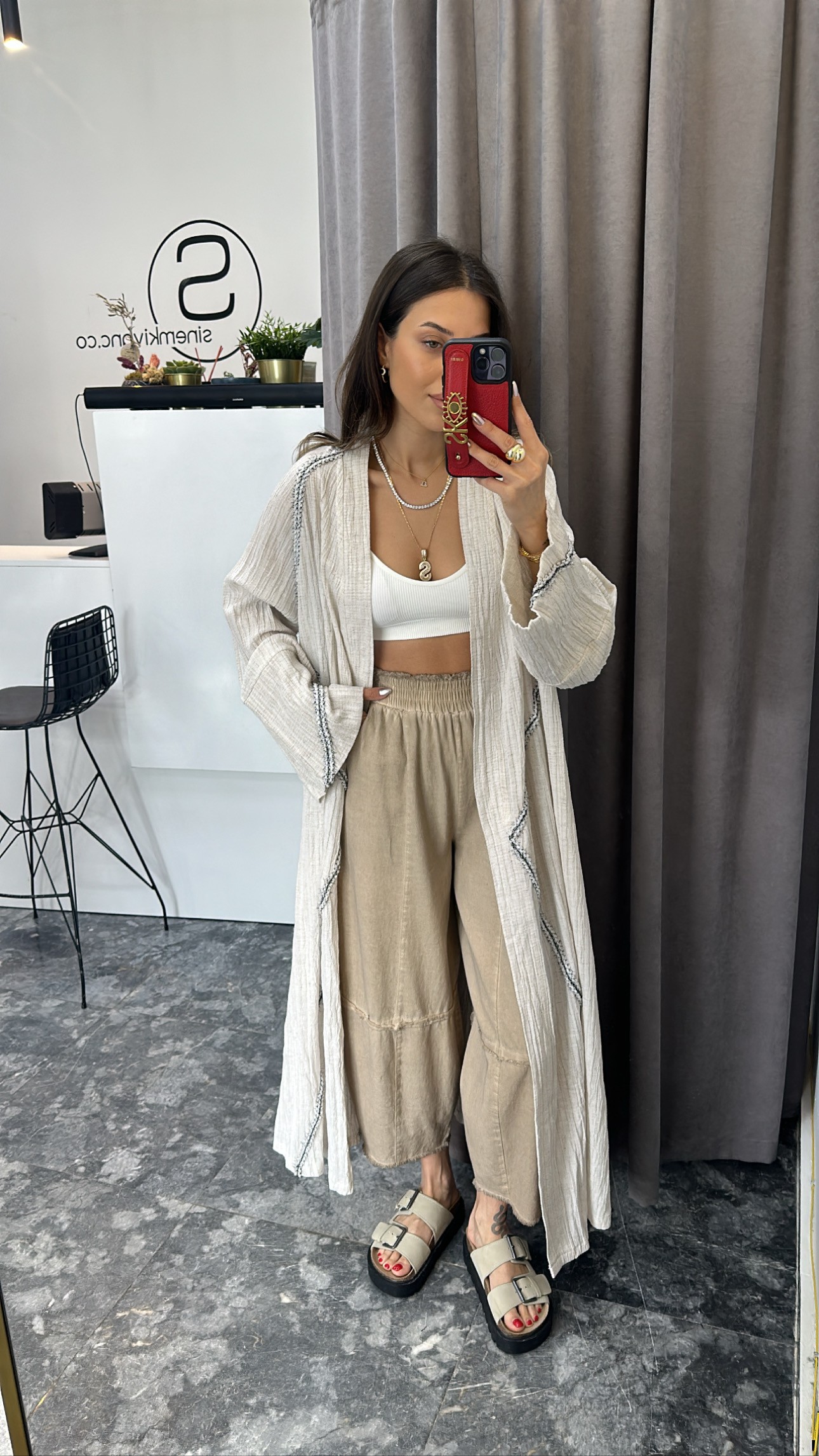 Taş rengi gofre kumaş uzun kimono