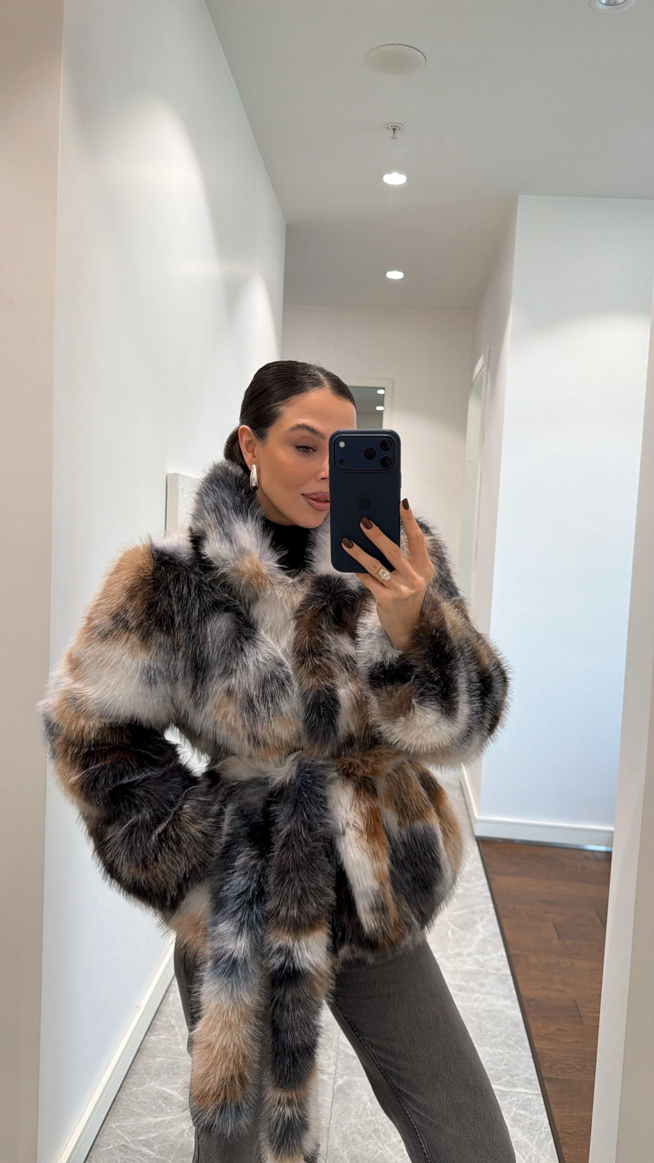 BATİK DESEN KUŞAKLI KÜRK  - Siyah camel