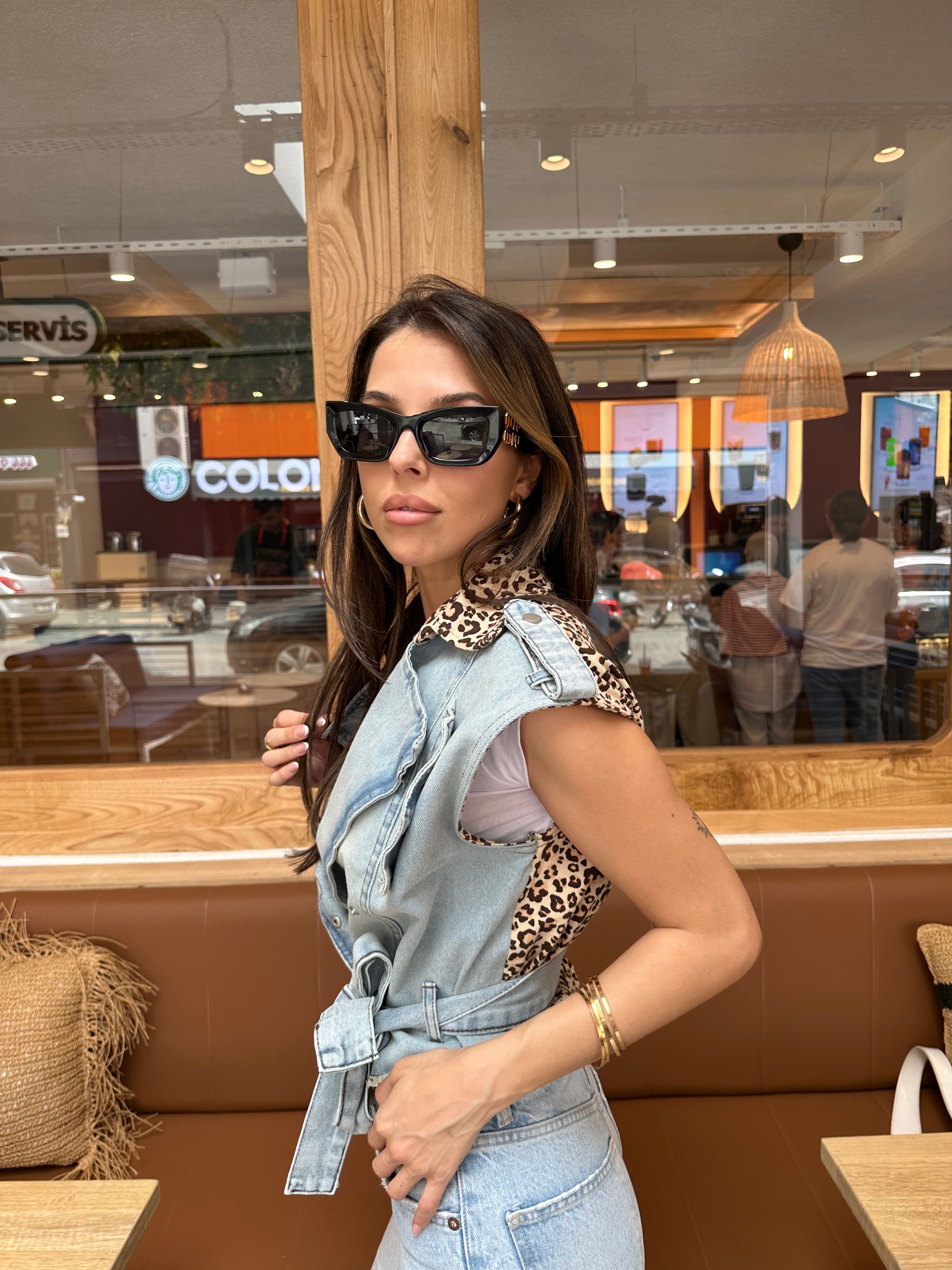 Twist  kot leopar karışımı belden bağlamalı yelek