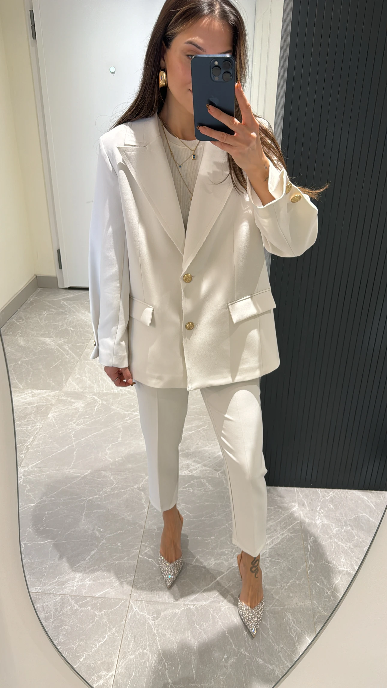 white satin fabric jacket with gold button details