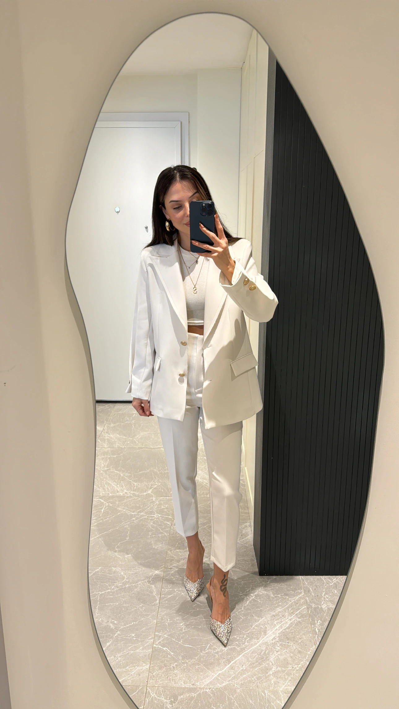 white satin fabric jacket with gold button details