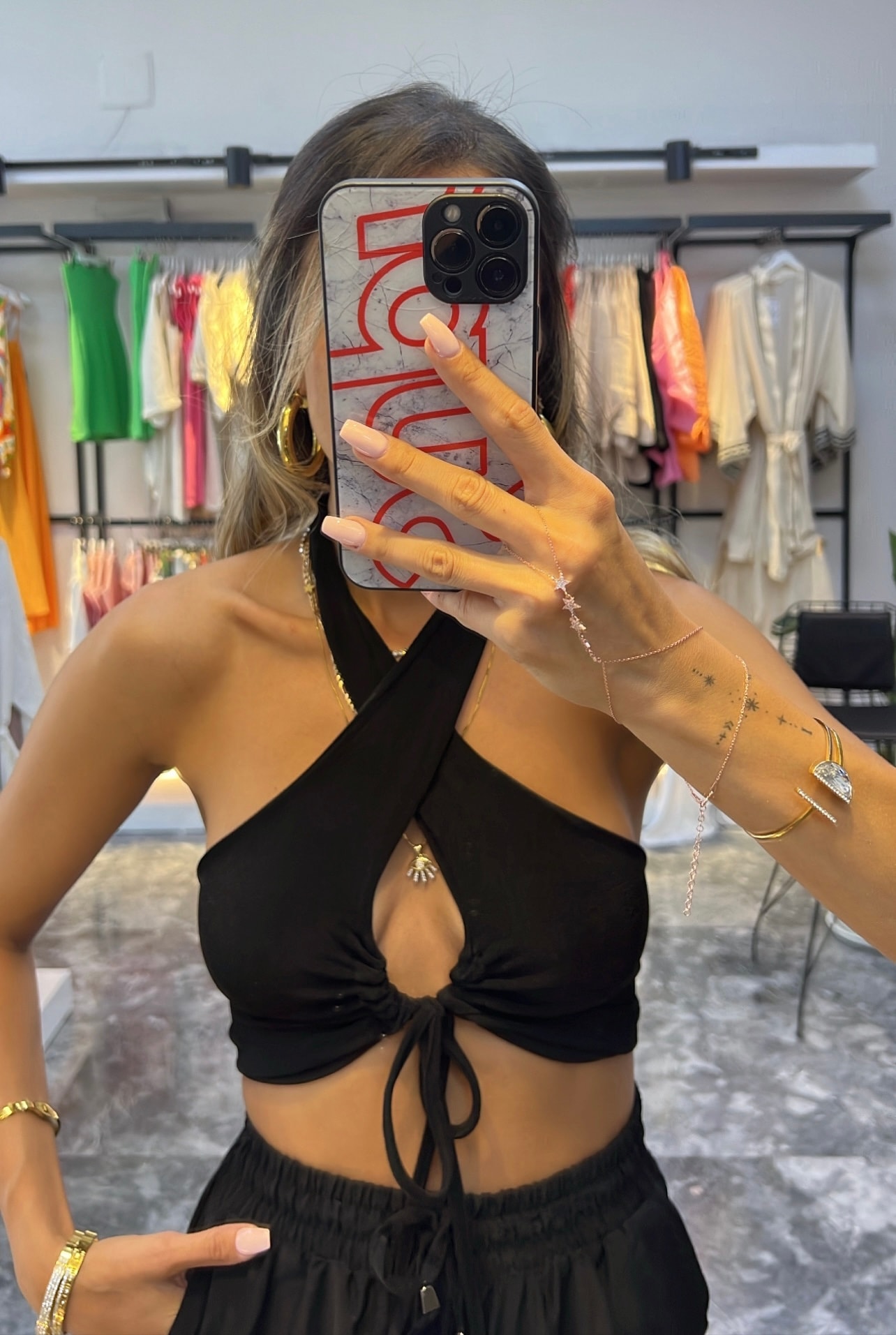 Simli likralı siyah crop