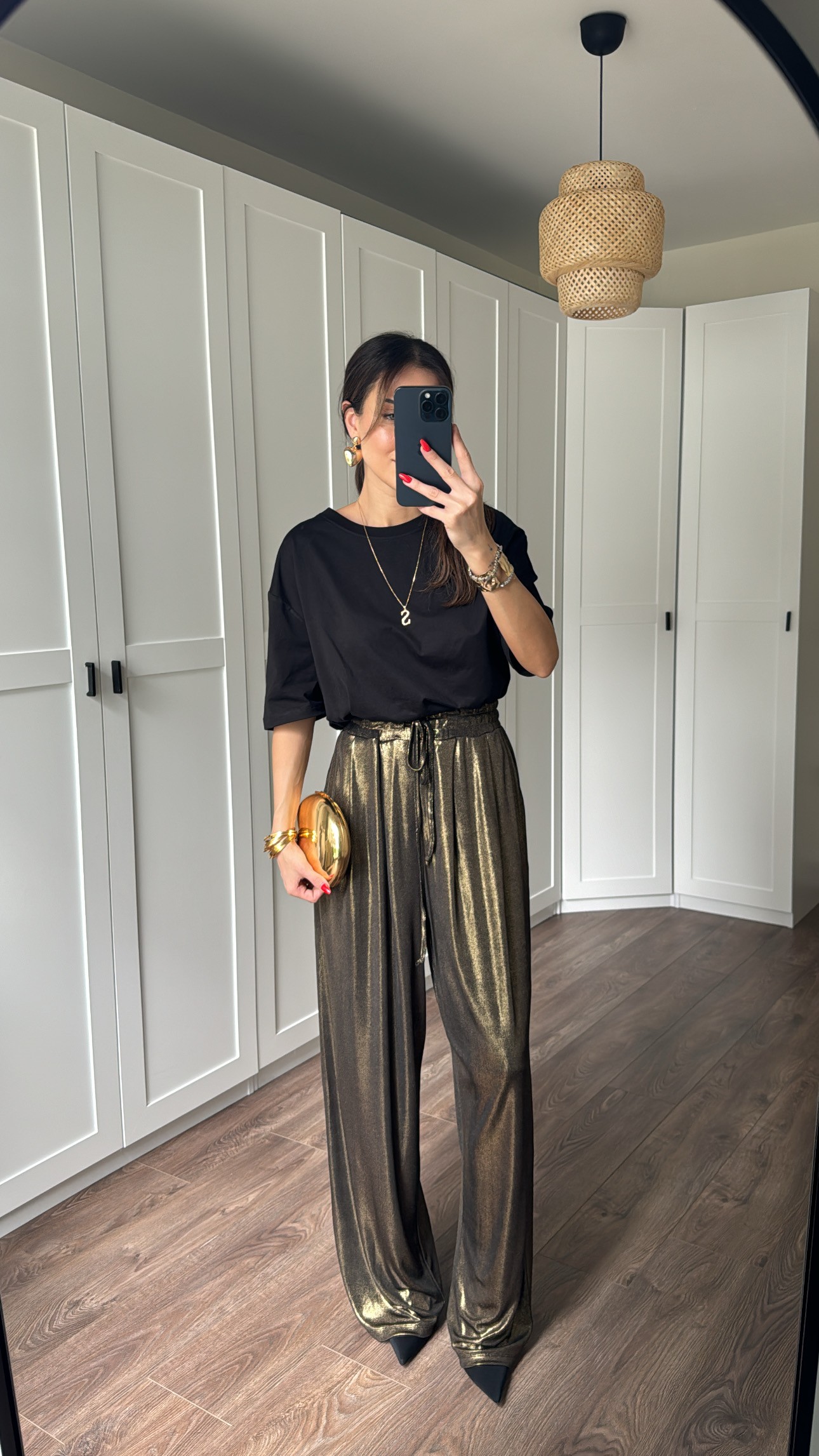 yüksek bel simli parlak gold pantolon