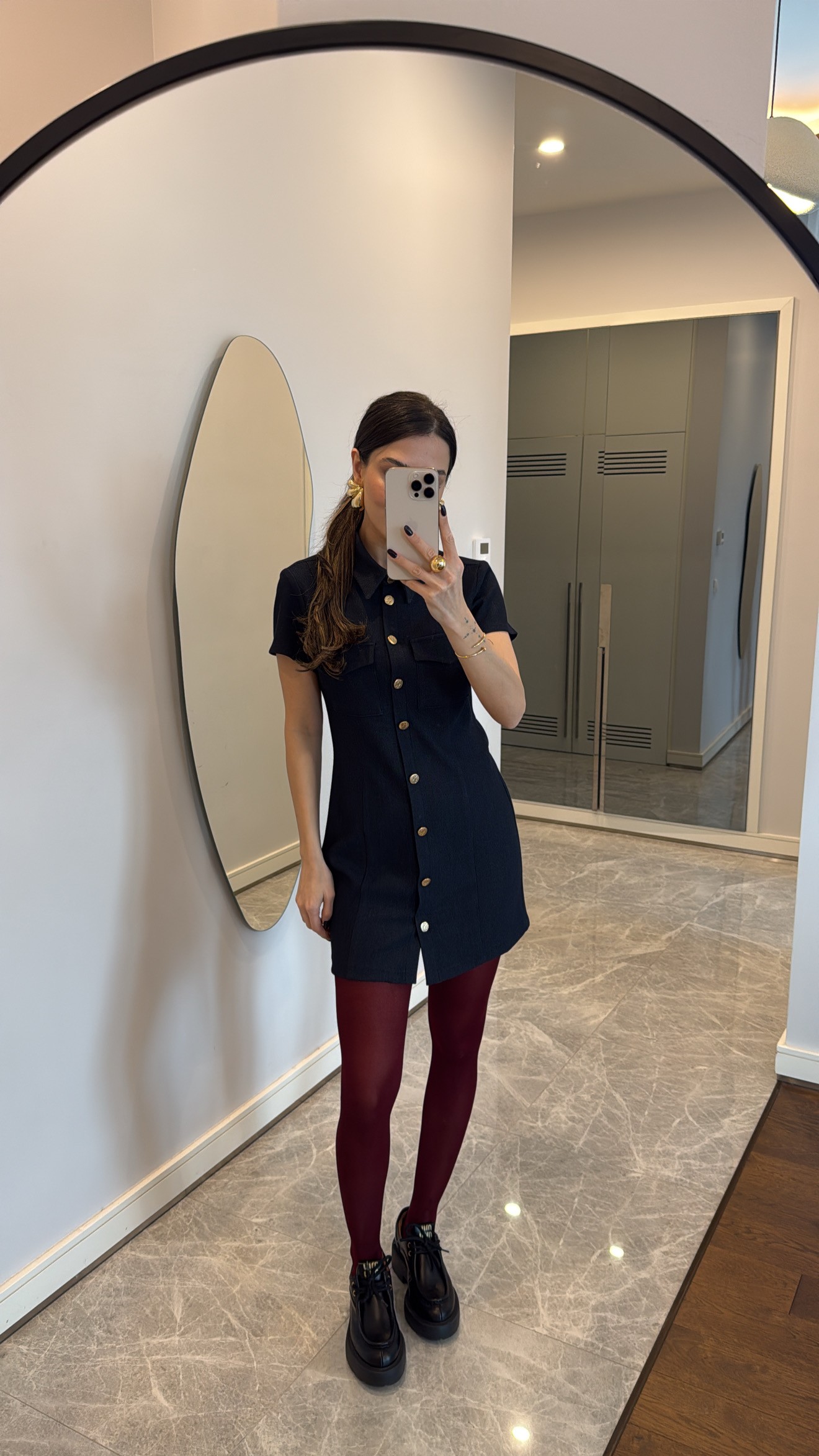 Navy Blue Gold Düğme Detaylı Elbise