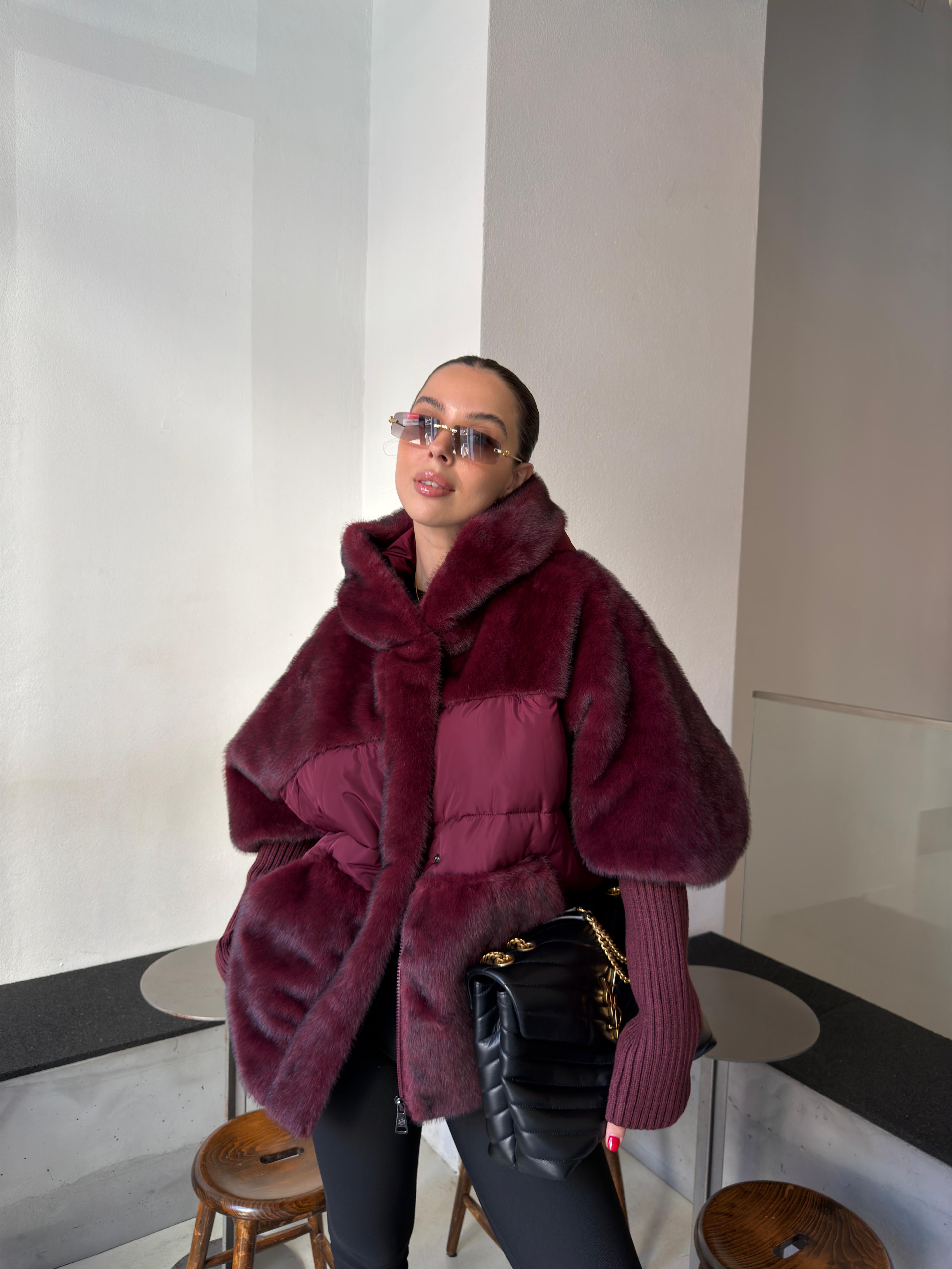 PELUŞ DETAYLI ŞİŞME MONT - BORDO