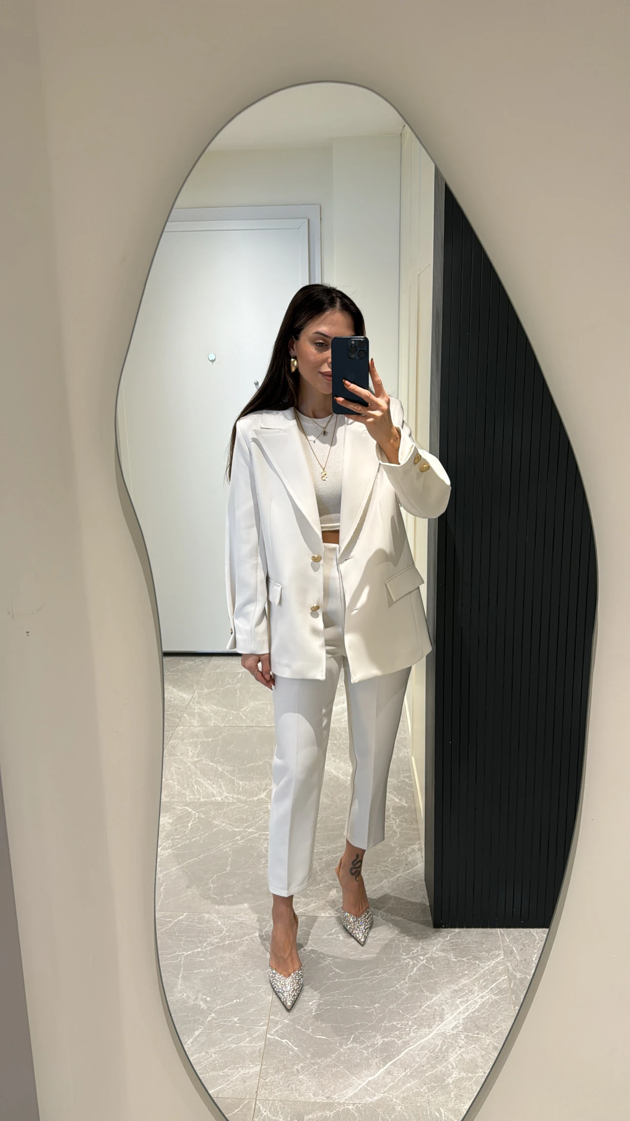 white satin fabric jacket with gold button details