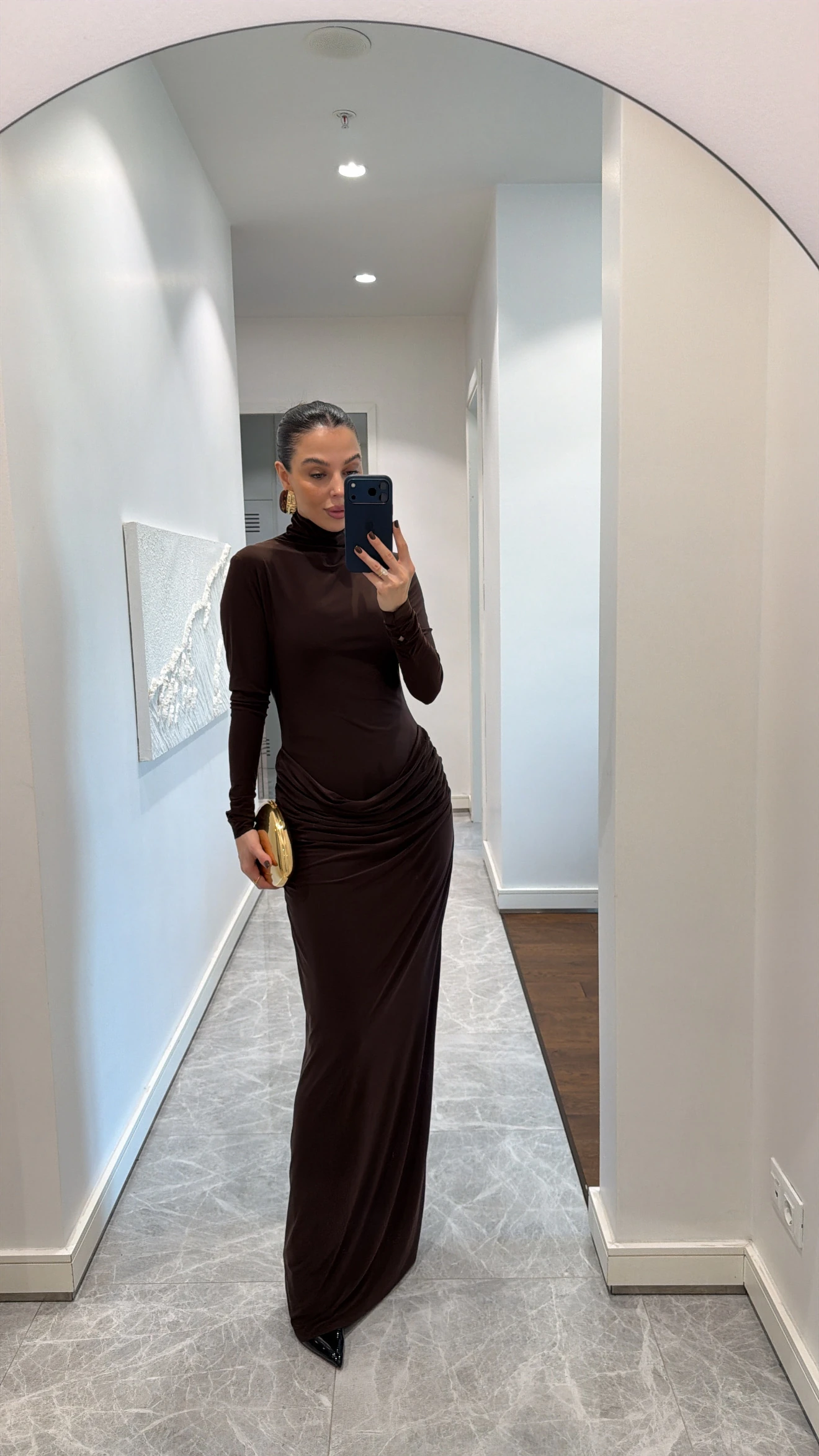 BALIKÇI YAKA MAXİ ELBİSE - KAHVE