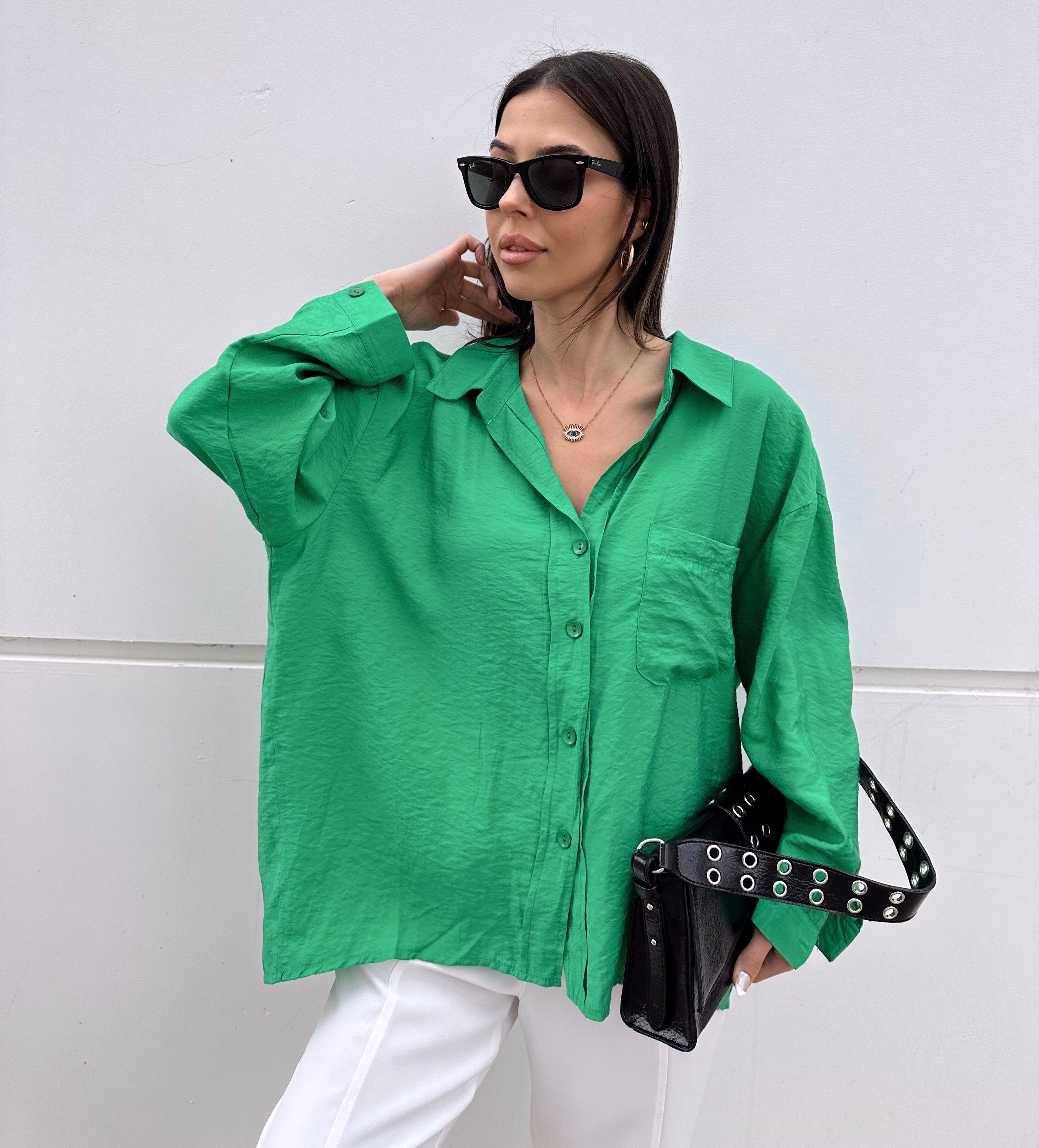 Tensel kumaş yeşil oversize gömlek