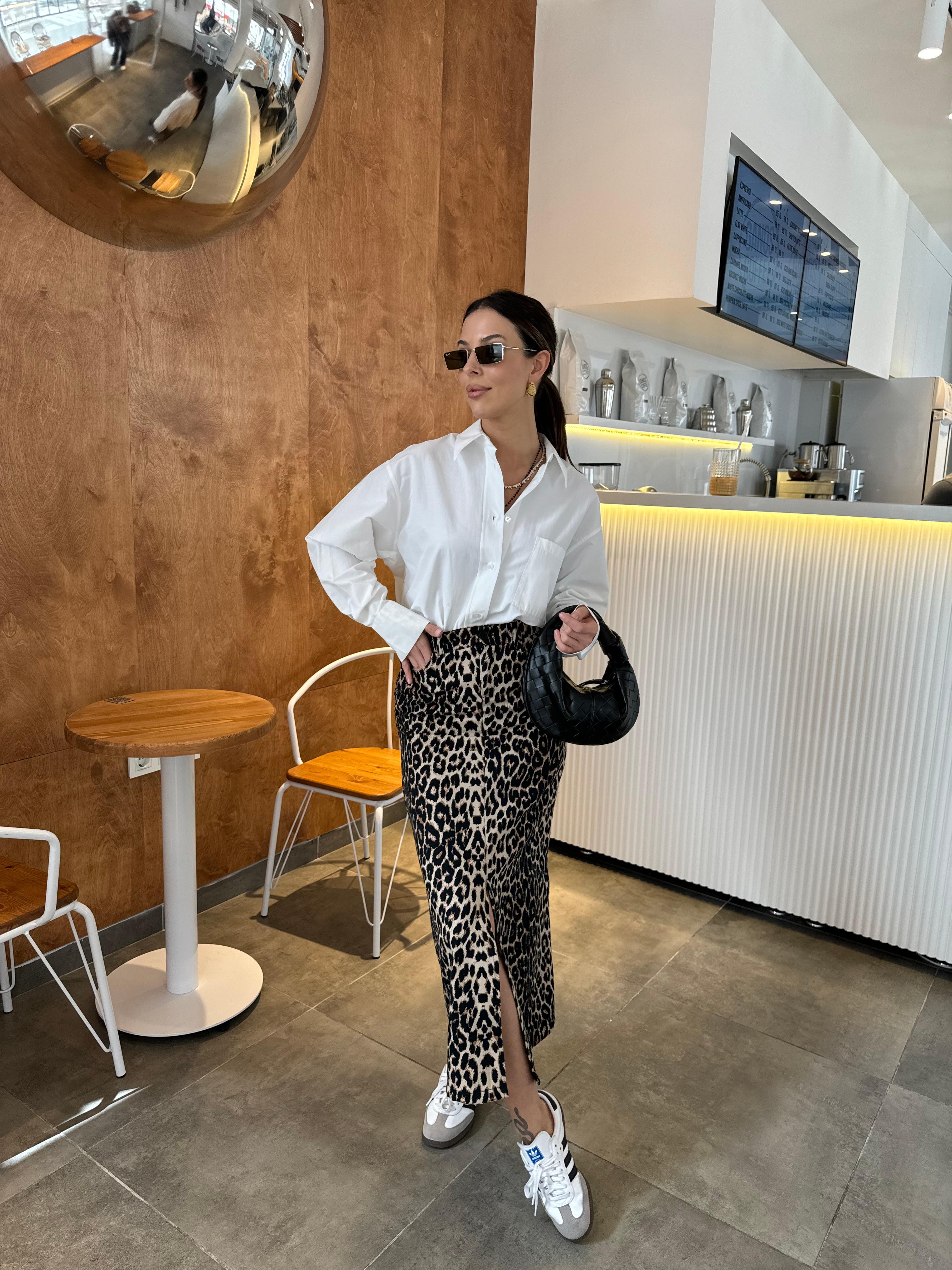 leopar denim etek
