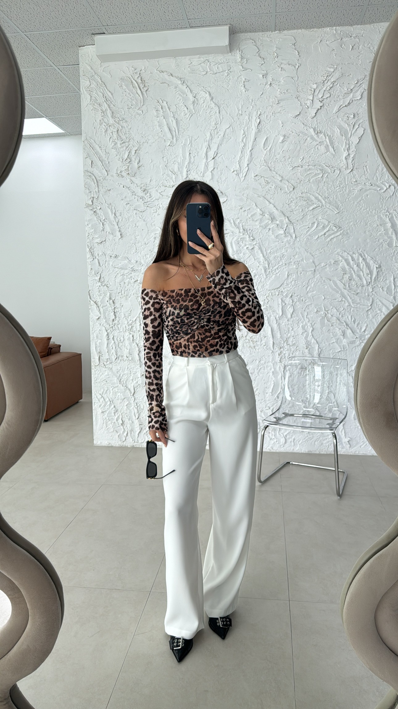 leopar tül detaylı bluz