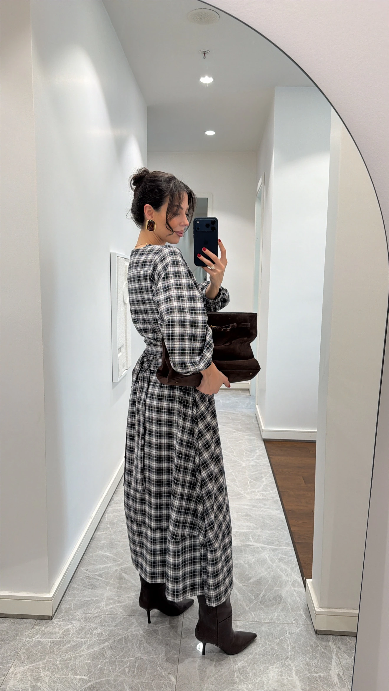 PLAID PATTERNED BELTED MIDI DRESS