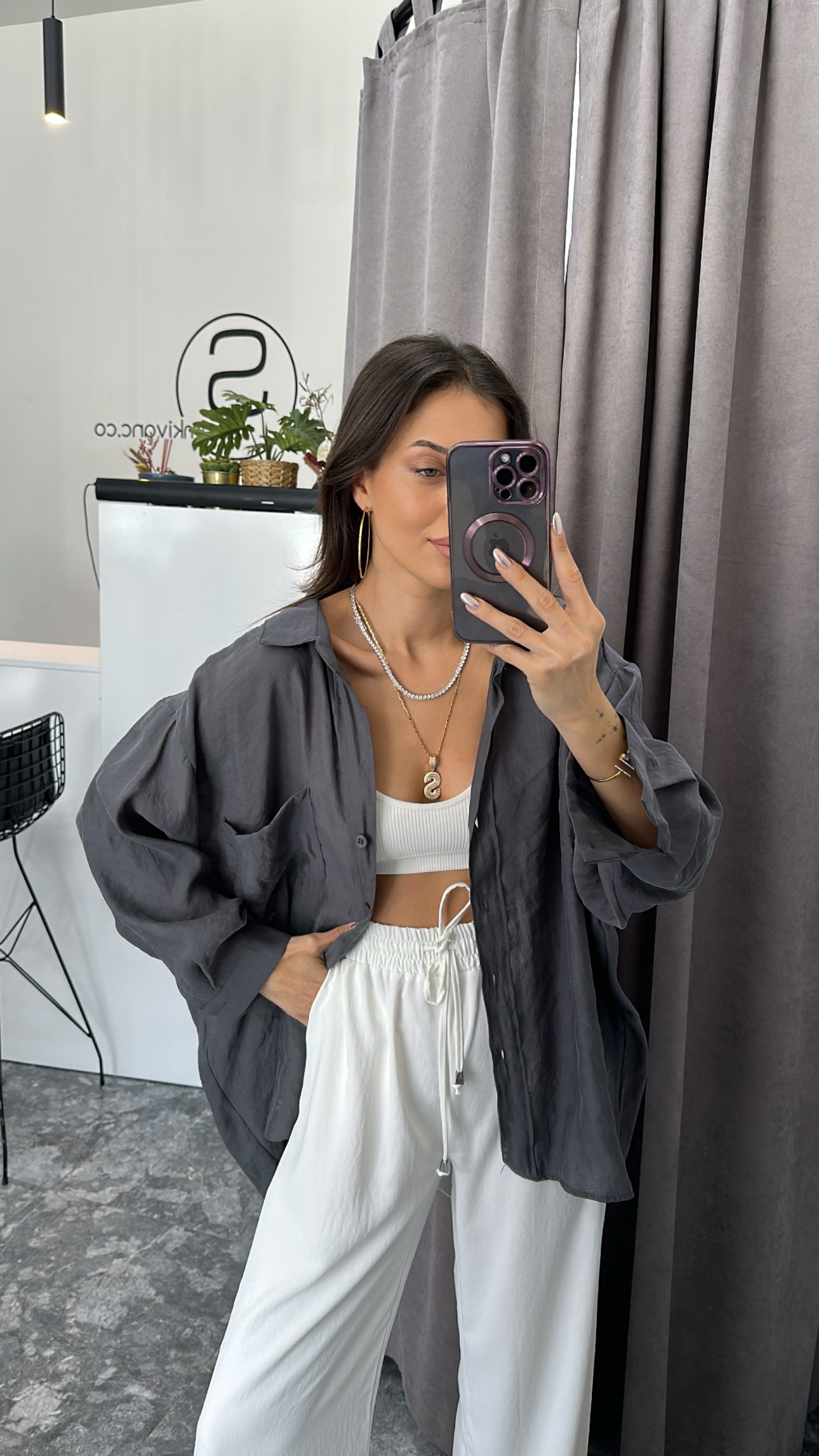 Füme oversize tensel gömlek