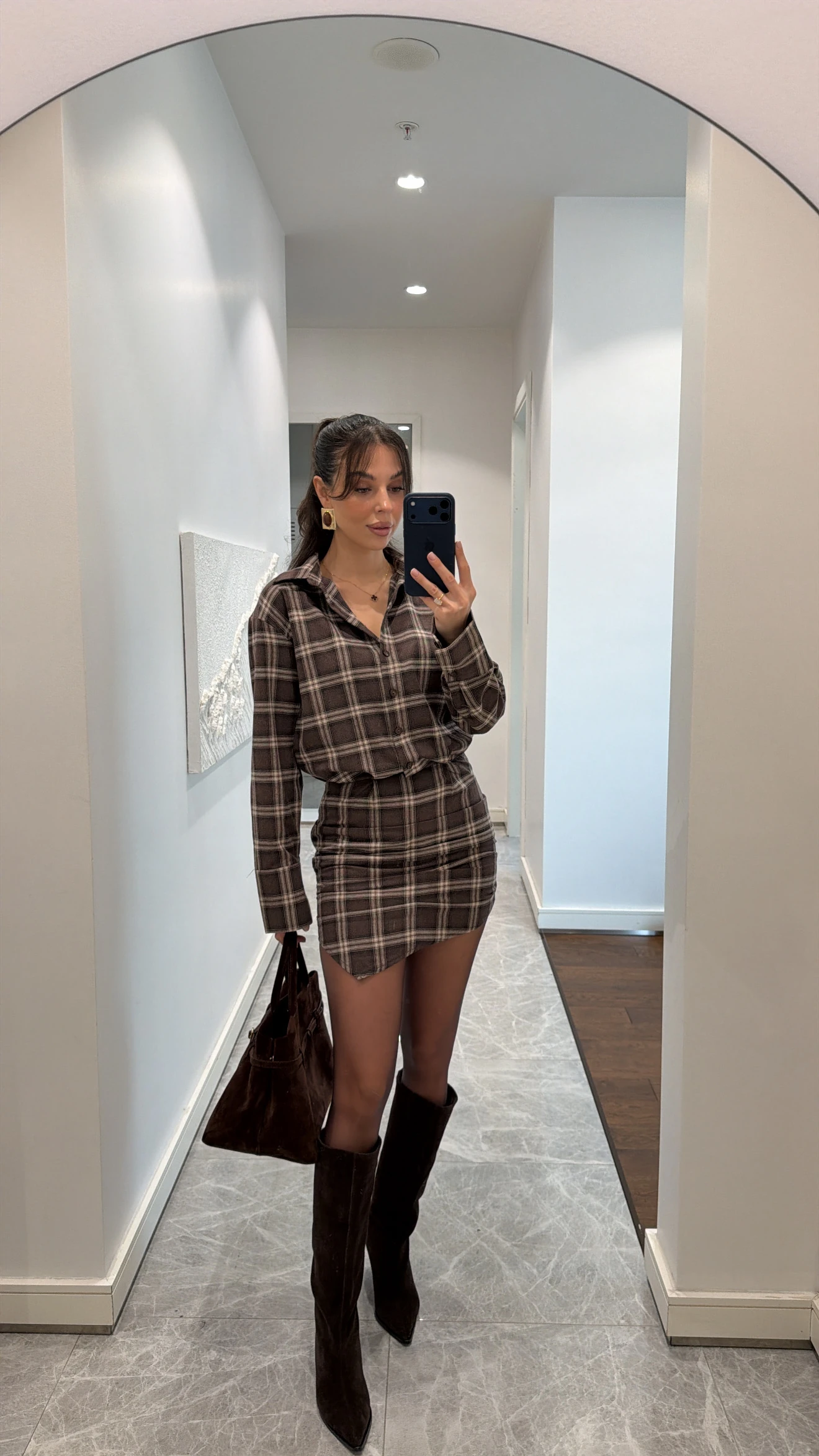 EKOSE DESENLİ ELBİSE - KAHVE