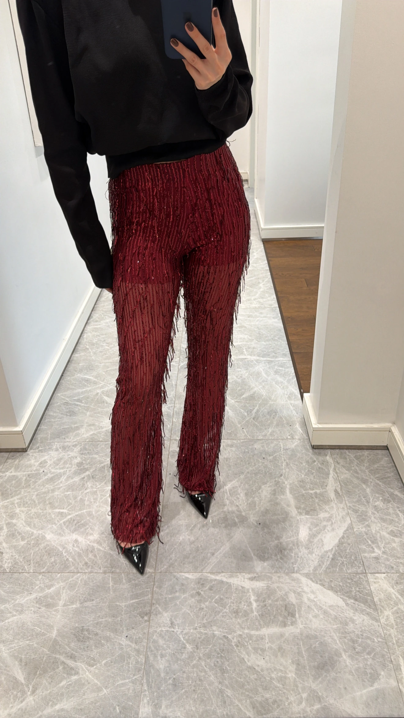 PÜSKÜLLÜ TRANSPARAN PANTOLON  - BORDO