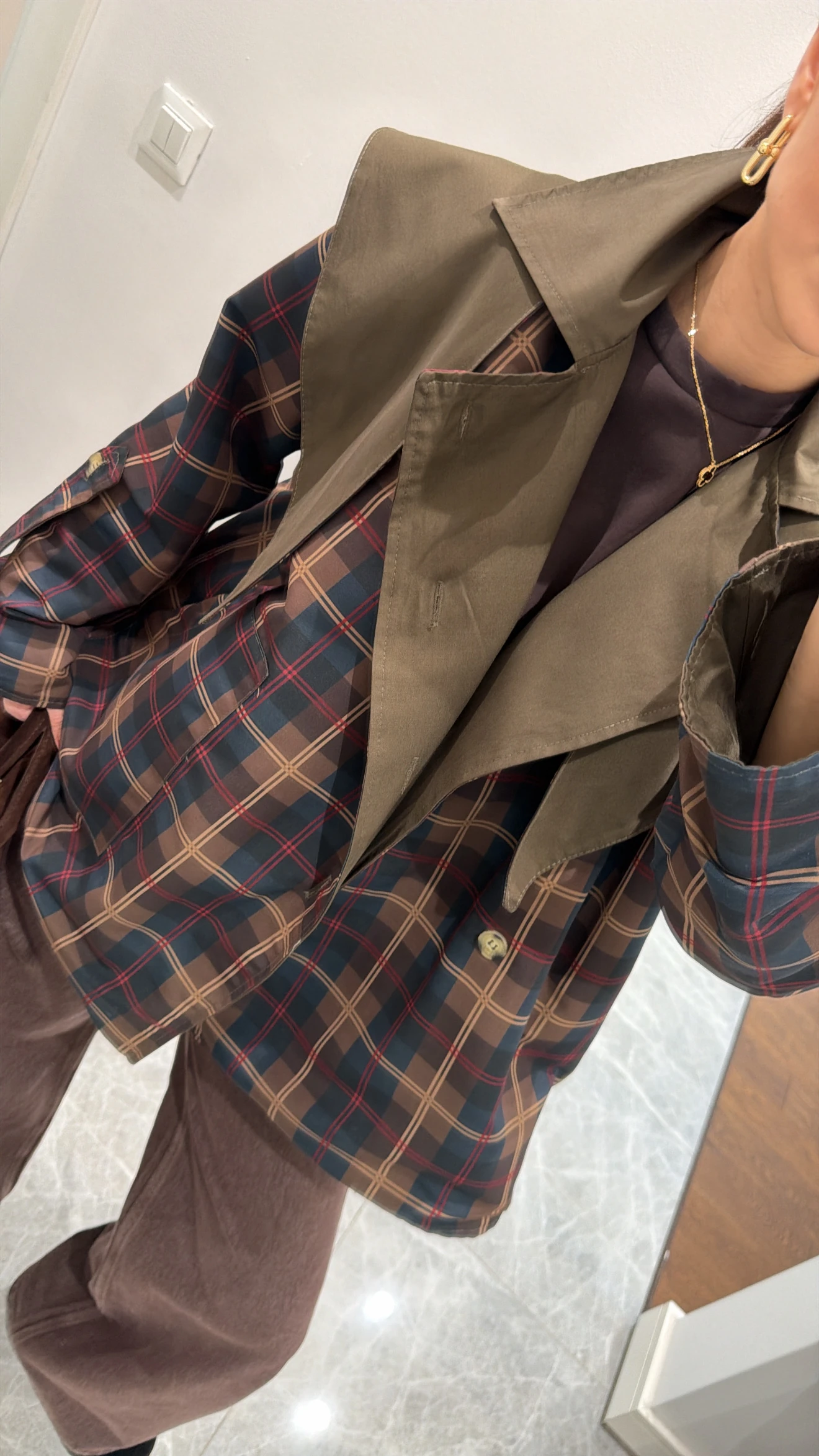 DOUBLE-SIDED PLAID TRENCH COAT WITH CAPE