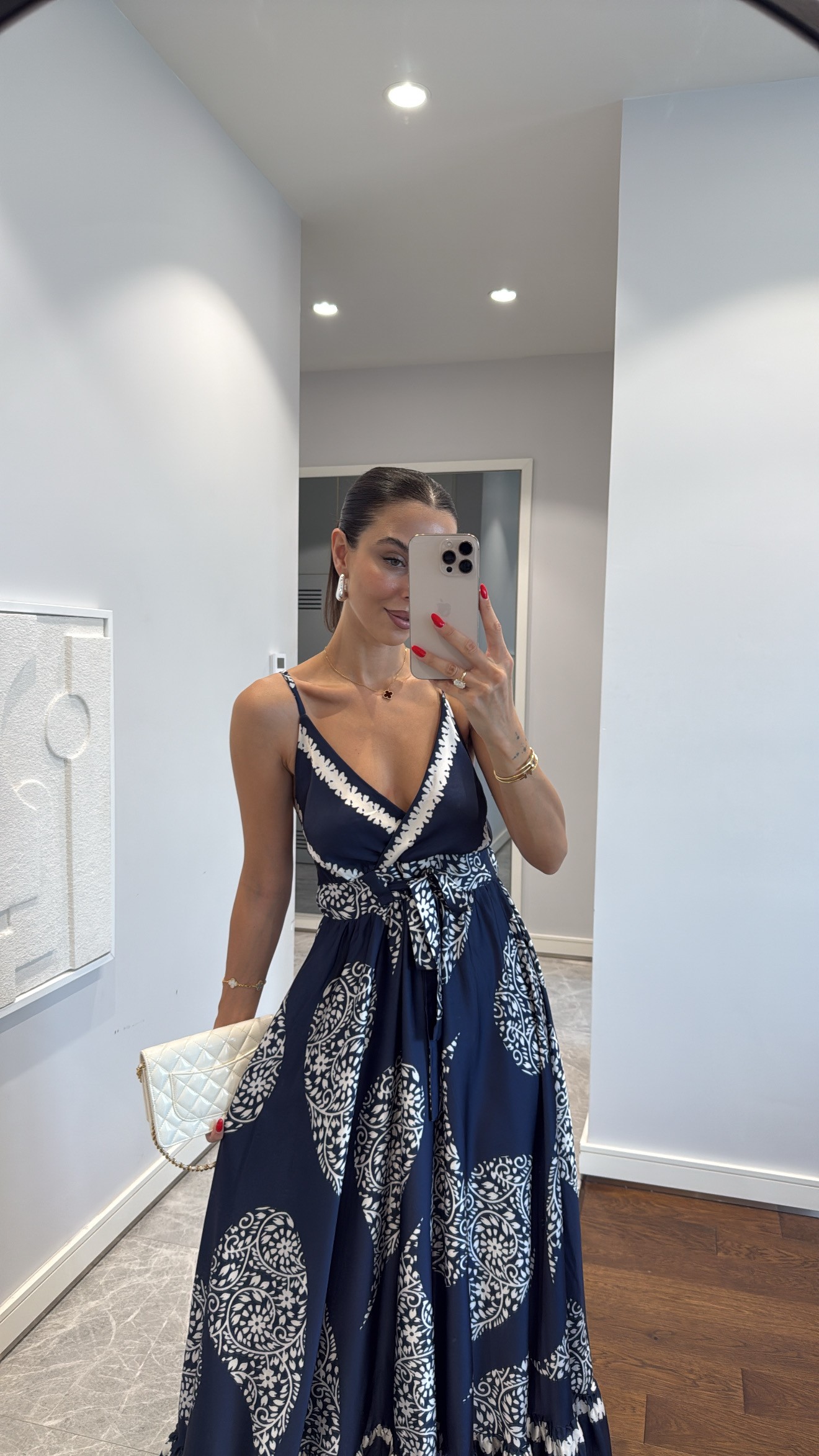 DESENLİ KRUVAZE BAĞLAMALI ELBİSE