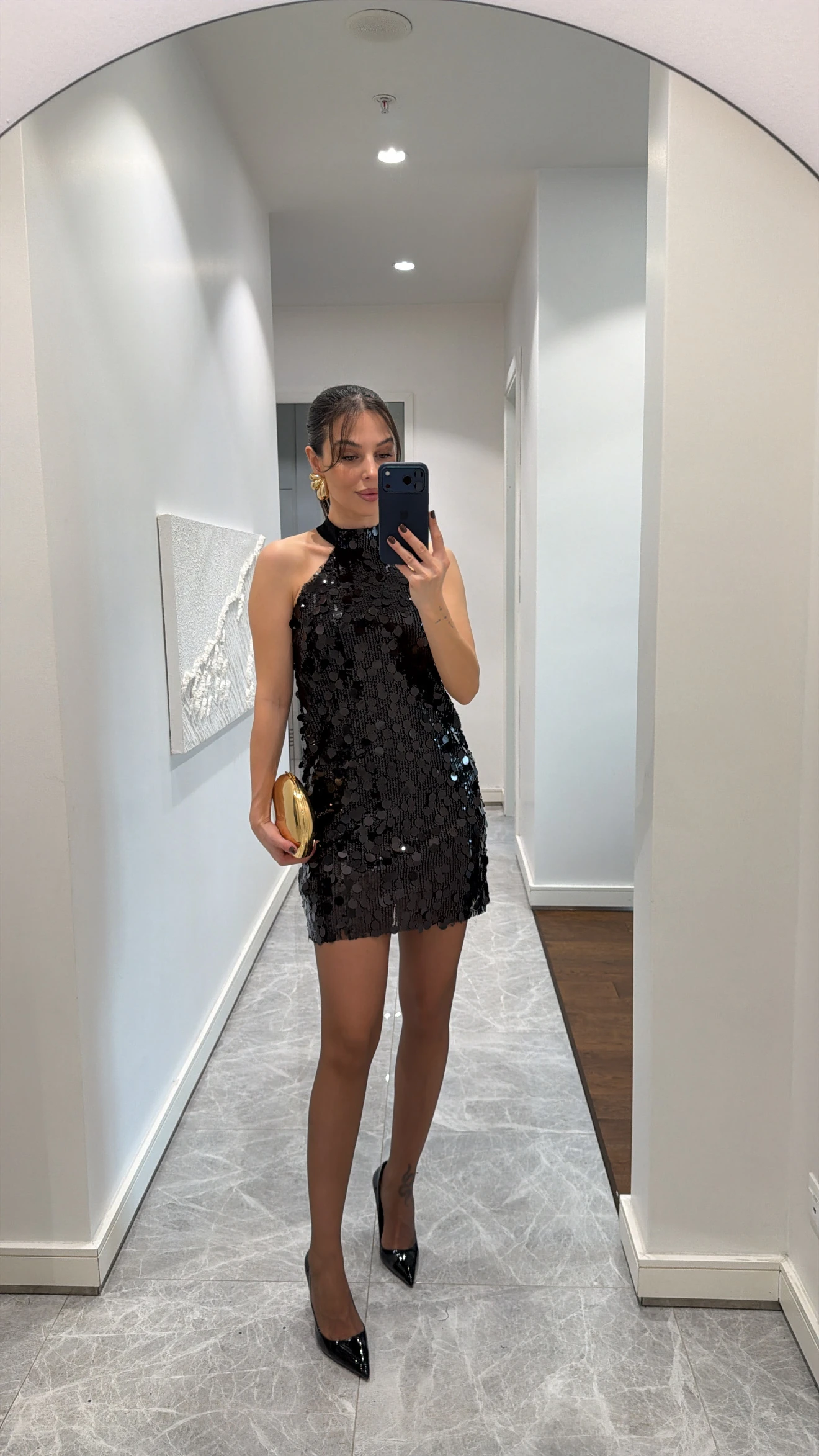 HALTER YAKA PAYETLİ MİNİ ELBİSE  - SİYAH